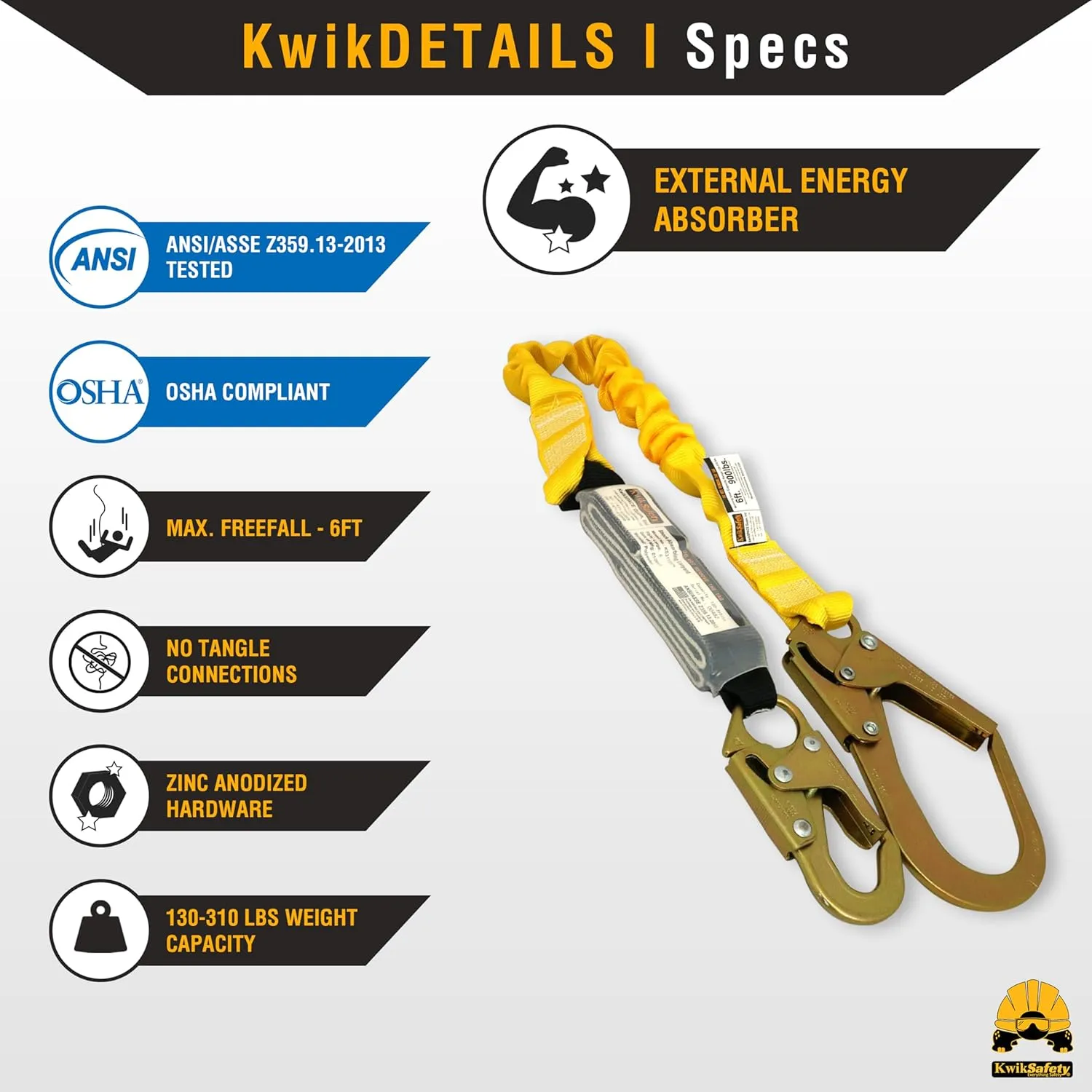 KwikSafety - Charlotte, NC - BOA [1 PACK] External Shock Absorber Single Leg 6ft Safety Lanyard OSHA ANSI Fall Protection Restraint Equipment Snap Rebar Hook Connectors Construction Arborist Roofing