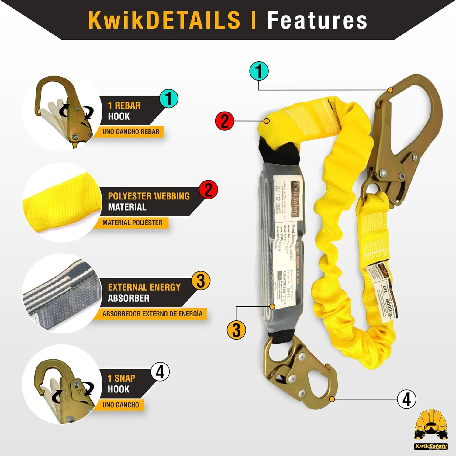 KwikSafety - Charlotte, NC - BOA [1 PACK] External Shock Absorber Single Leg 6ft Safety Lanyard OSHA ANSI Fall Protection Restraint Equipment Snap Rebar Hook Connectors Construction Arborist Roofing