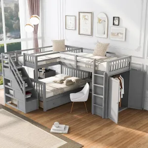 L-Shape Triple Bunk Beds with Stairs and Desk, Wood Twin-Over-Full Bunk Bed with Storage Wardrobe, Shelves and Drawers, 3 Beds Bunk Bed with Staircase for Kids Boys Girls Teens, Gray