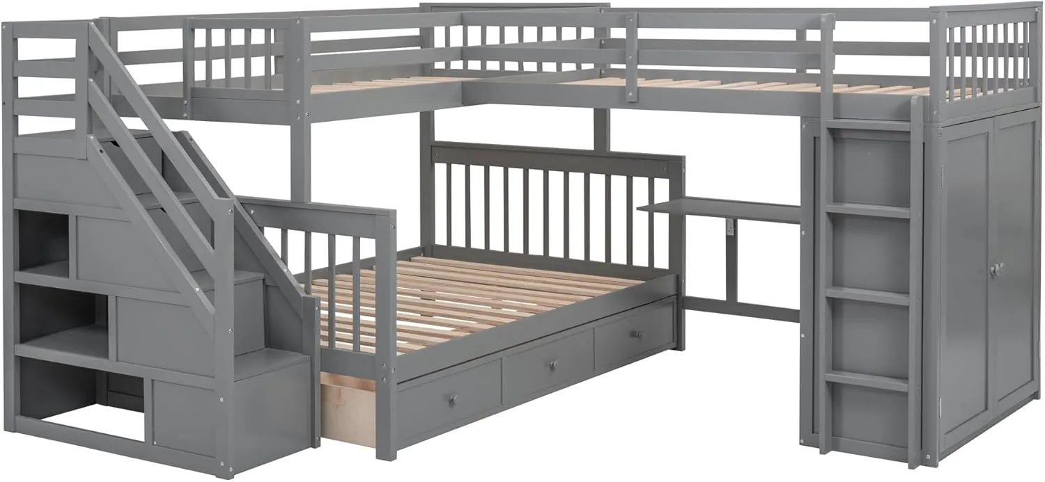 L-Shape Triple Bunk Beds with Stairs and Desk, Wood Twin-Over-Full Bunk Bed with Storage Wardrobe, Shelves and Drawers, 3 Beds Bunk Bed with Staircase for Kids Boys Girls Teens, Gray