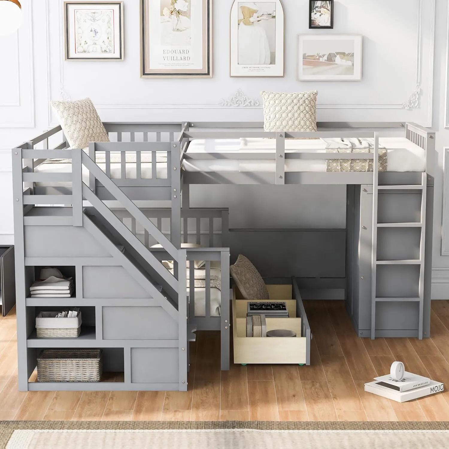 L-Shape Triple Bunk Beds with Stairs and Desk, Wood Twin-Over-Full Bunk Bed with Storage Wardrobe, Shelves and Drawers, 3 Beds Bunk Bed with Staircase for Kids Boys Girls Teens, Gray