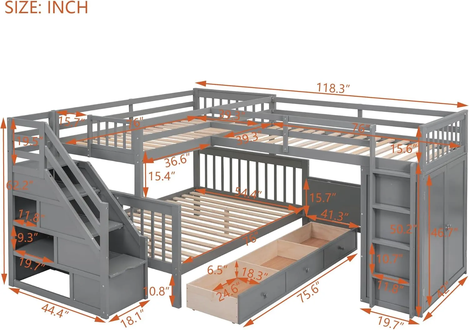 L-Shape Triple Bunk Beds with Stairs and Desk, Wood Twin-Over-Full Bunk Bed with Storage Wardrobe, Shelves and Drawers, 3 Beds Bunk Bed with Staircase for Kids Boys Girls Teens, Gray