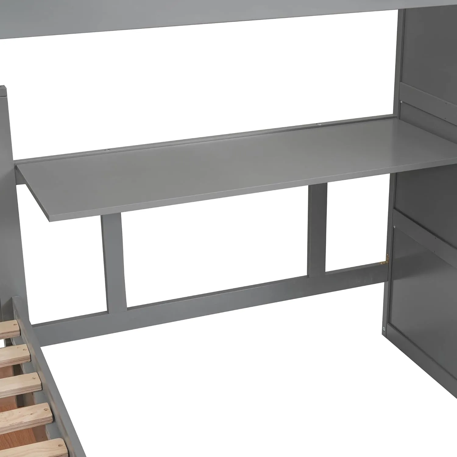 L-Shape Triple Bunk Beds with Stairs and Desk, Wood Twin-Over-Full Bunk Bed with Storage Wardrobe, Shelves and Drawers, 3 Beds Bunk Bed with Staircase for Kids Boys Girls Teens, Gray