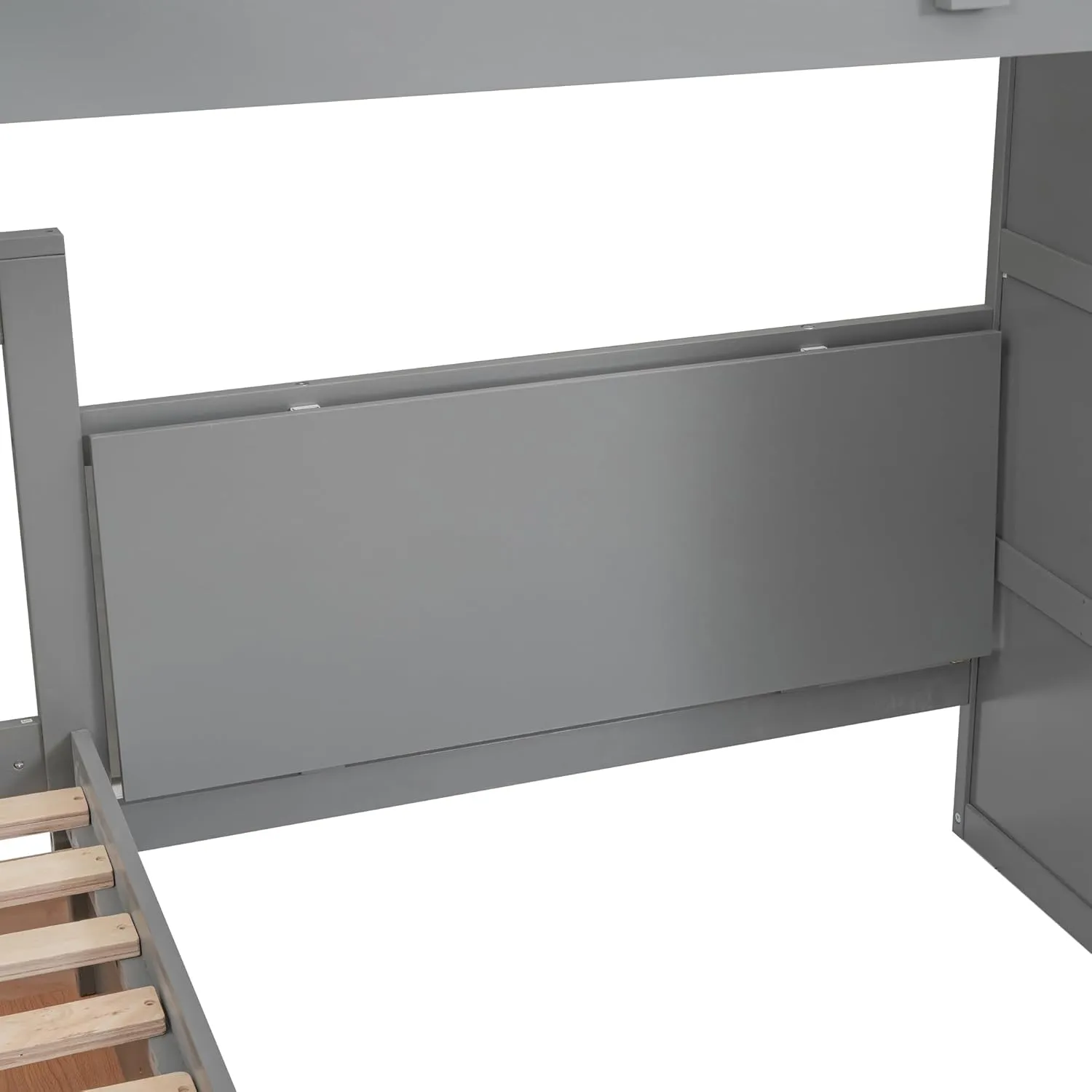 L-Shape Triple Bunk Beds with Stairs and Desk, Wood Twin-Over-Full Bunk Bed with Storage Wardrobe, Shelves and Drawers, 3 Beds Bunk Bed with Staircase for Kids Boys Girls Teens, Gray