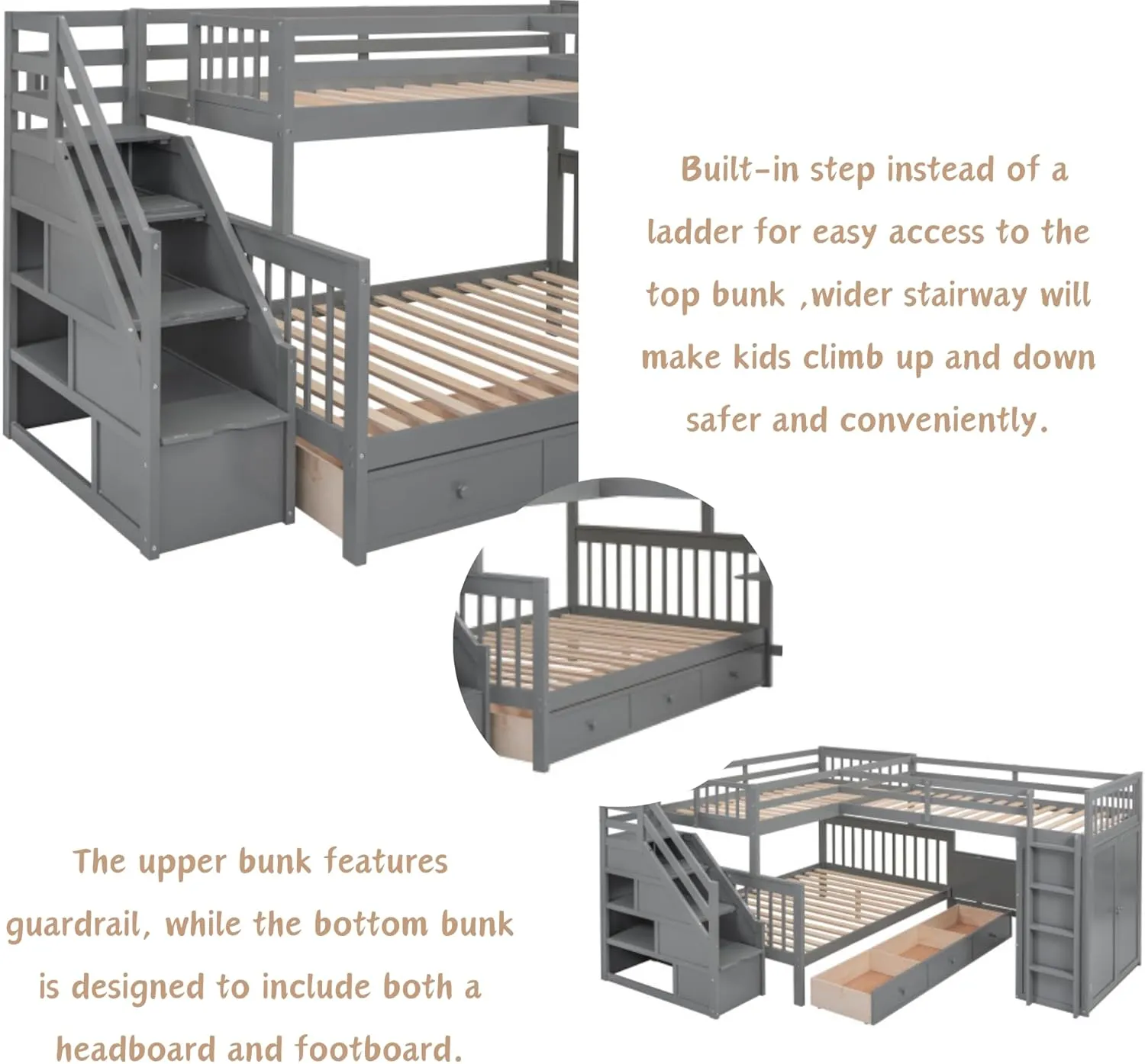 L-Shape Triple Bunk Beds with Stairs and Desk, Wood Twin-Over-Full Bunk Bed with Storage Wardrobe, Shelves and Drawers, 3 Beds Bunk Bed with Staircase for Kids Boys Girls Teens, Gray