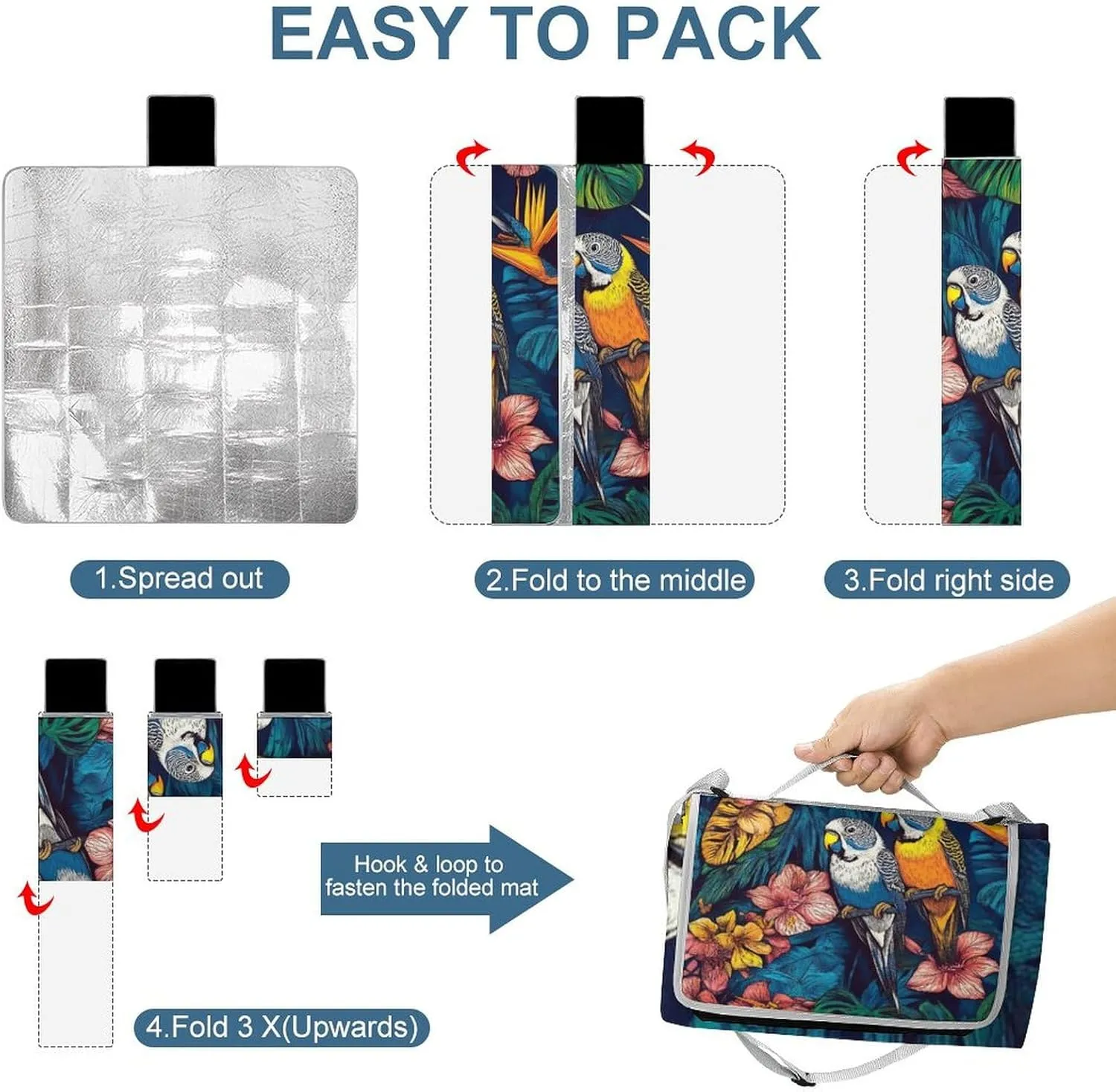 Large Beach Mat for Women Men Unisex, Foldable Waterproof Tropical Birds Flowers Floral Blanket for Outdoor Park Travel Picnic Accessories