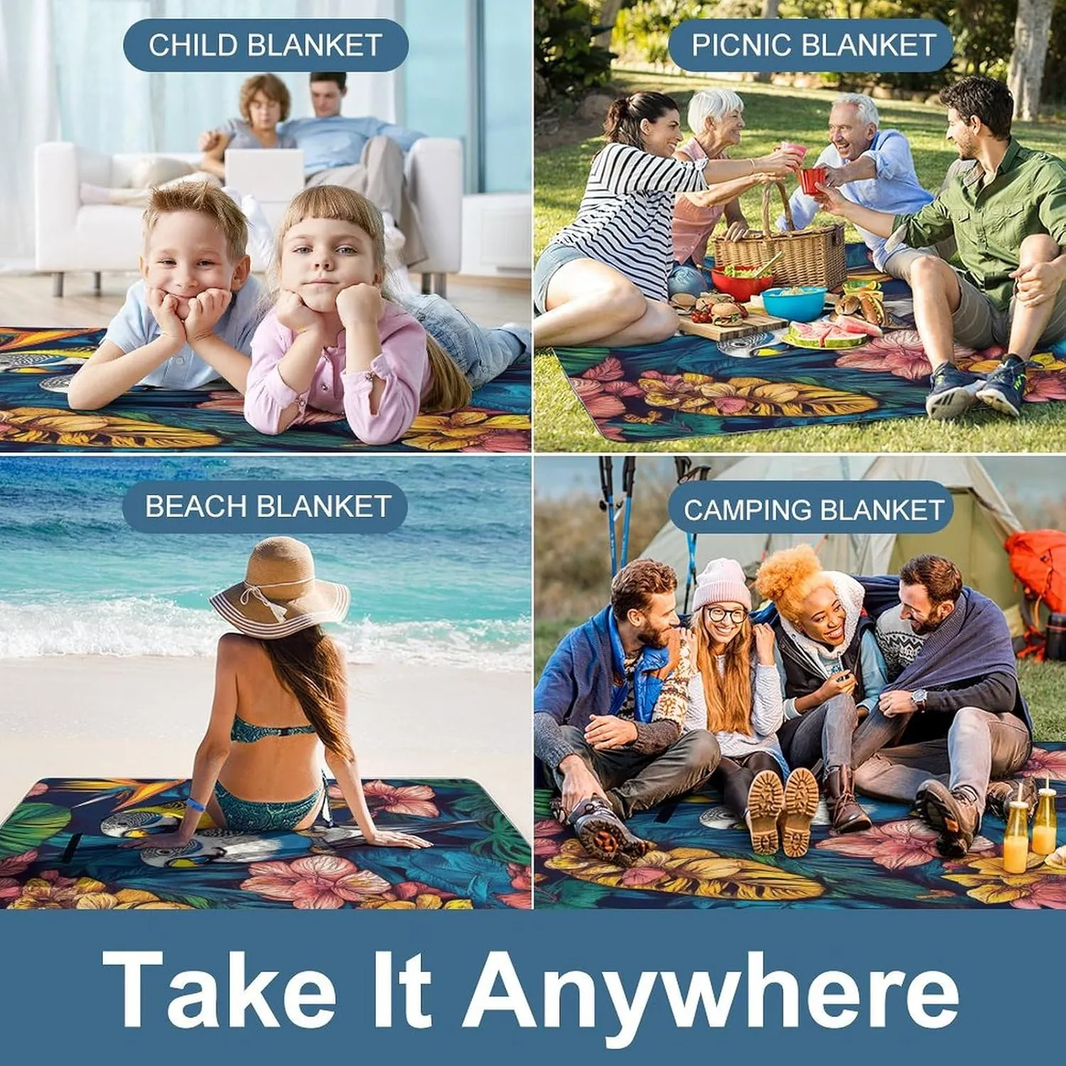Large Beach Mat for Women Men Unisex, Foldable Waterproof Tropical Birds Flowers Floral Blanket for Outdoor Park Travel Picnic Accessories