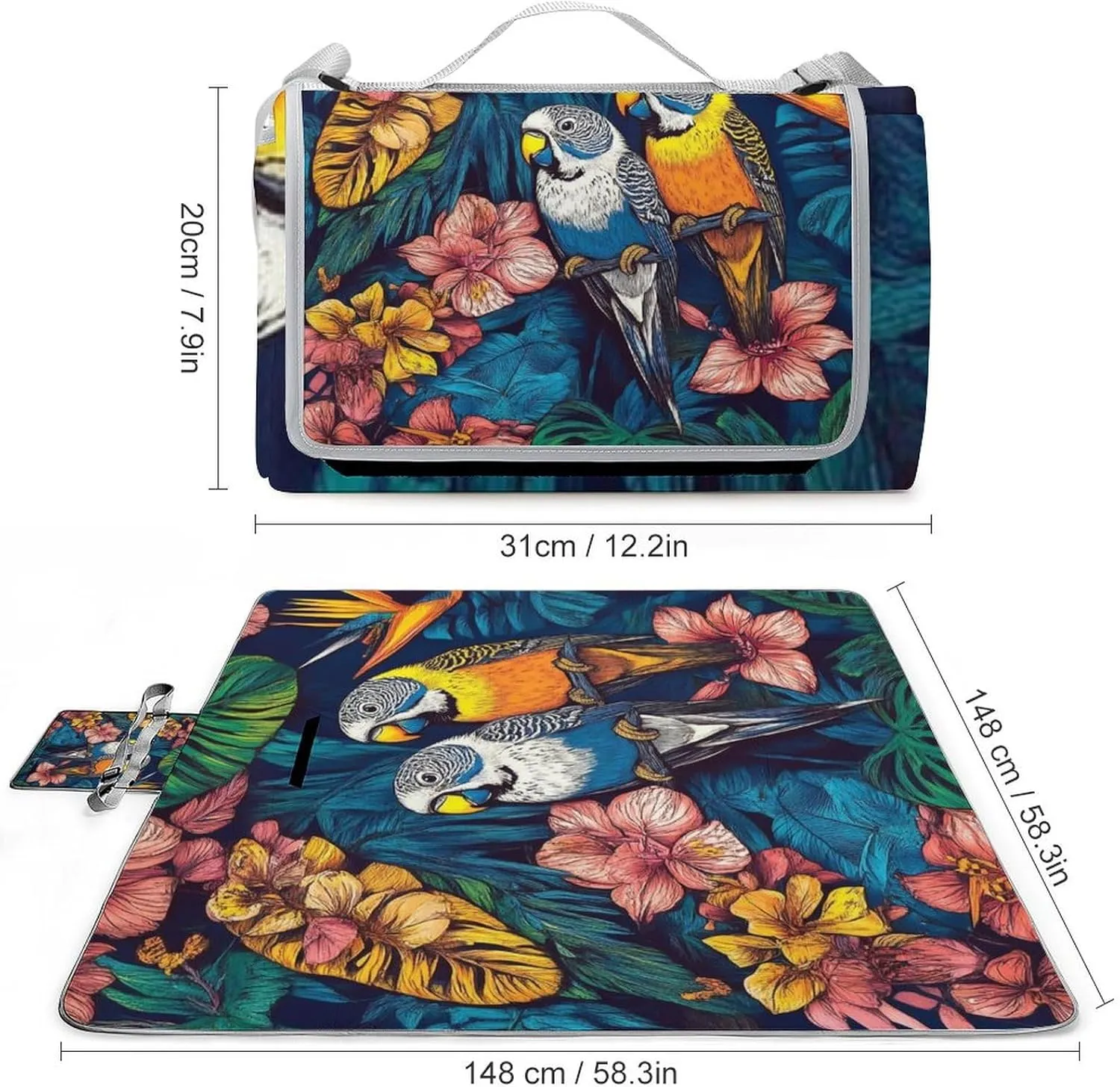 Large Beach Mat for Women Men Unisex, Foldable Waterproof Tropical Birds Flowers Floral Blanket for Outdoor Park Travel Picnic Accessories