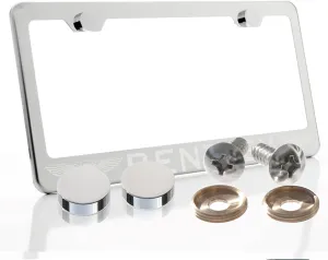 Laser Engraved License Plate Frame Made of Industrial Grade Mirror Finished Chrome Stainless Steel w/Caps and Accessories