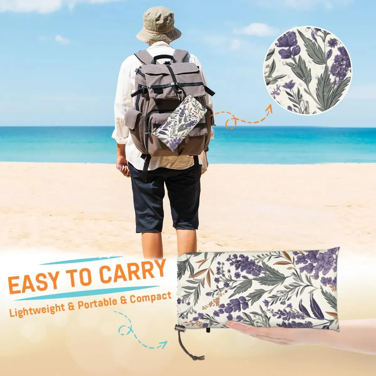 Lavender Beach Blanket, Sandproof Beach Mat, 68 x 59 Waterproof Quick Drying Sand Free Mat with 4 x Ground Spikes for Outdoor Travel Camping Hiking, Violet Floral