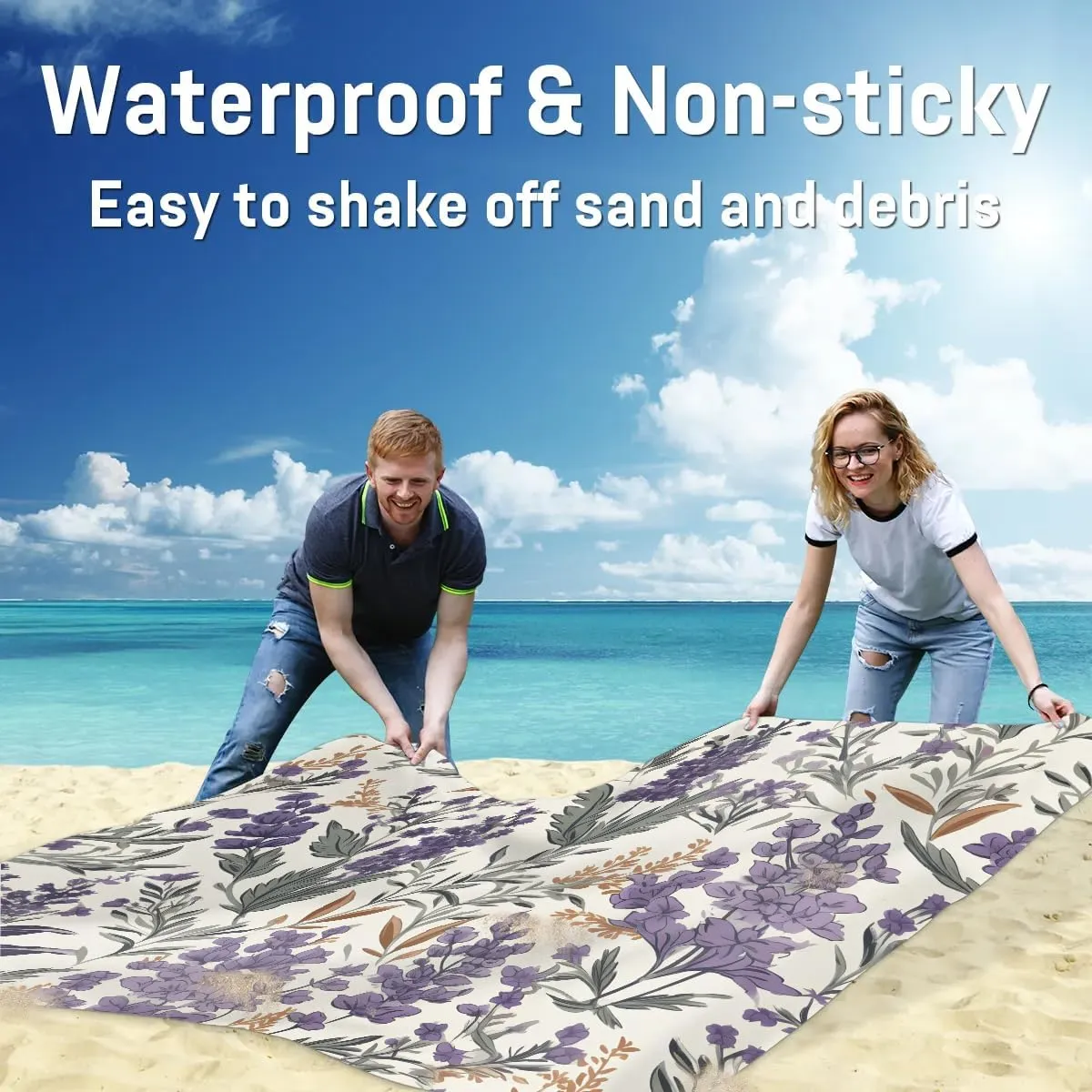 Lavender Beach Blanket, Sandproof Beach Mat, 68 x 59 Waterproof Quick Drying Sand Free Mat with 4 x Ground Spikes for Outdoor Travel Camping Hiking, Violet Floral