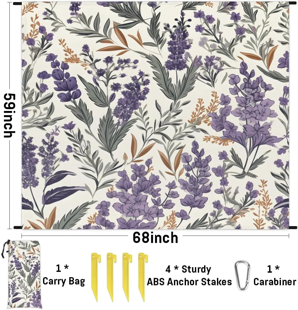 Lavender Beach Blanket, Sandproof Beach Mat, 68 x 59 Waterproof Quick Drying Sand Free Mat with 4 x Ground Spikes for Outdoor Travel Camping Hiking, Violet Floral