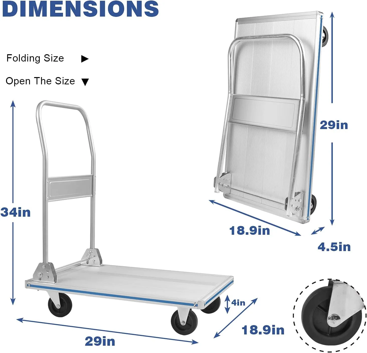 LEADALLWAY Flatbed Cart Aluminum Foldable Platform Cart 440lbs Capacity(29" Lx19 W)