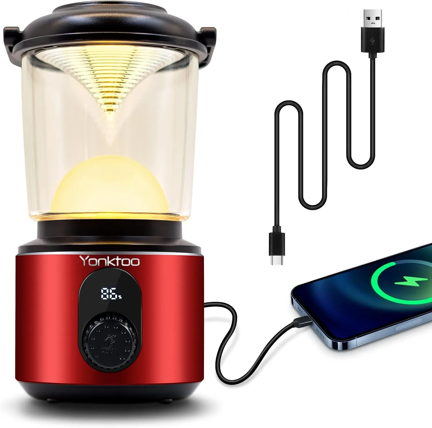 LED Rechargeable Camping Lantern, 10400 mAh Rechargeable Aluminum Camping Light & Flashlight , 5 Light Modes, IPX5 Waterproof, Hurricane Emergency light, Hiking, Home, USB Cable Included (Red)