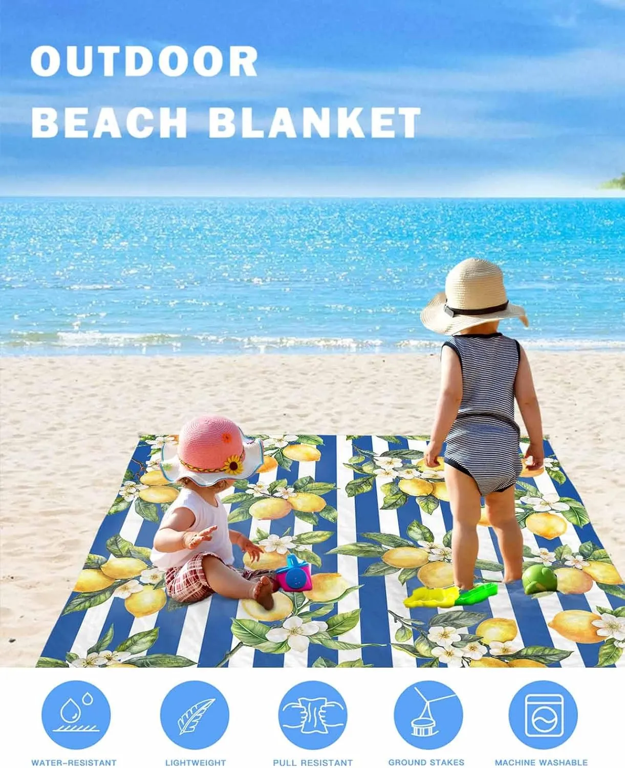 Lemon Beach Blanket Waterproof Sandproof 83"x79", Summer Blue Stripes Oversized Beach Mat with 4 Corner Sand Pocket & 4 Stakes, Compact Outdoor Picnic Mat for Camping Travel Festivals