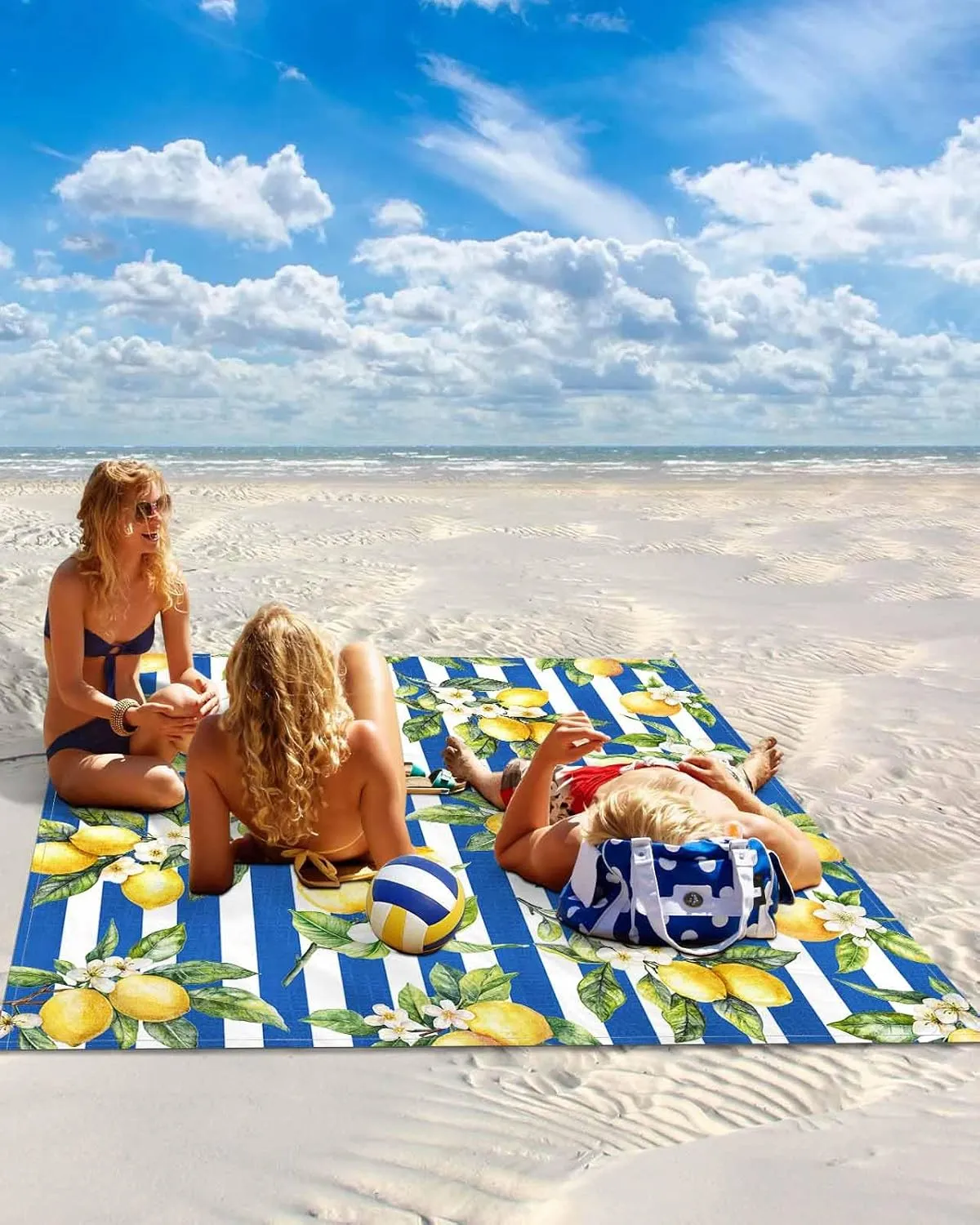 Lemon Beach Blanket Waterproof Sandproof 83"x79", Summer Blue Stripes Oversized Beach Mat with 4 Corner Sand Pocket & 4 Stakes, Compact Outdoor Picnic Mat for Camping Travel Festivals
