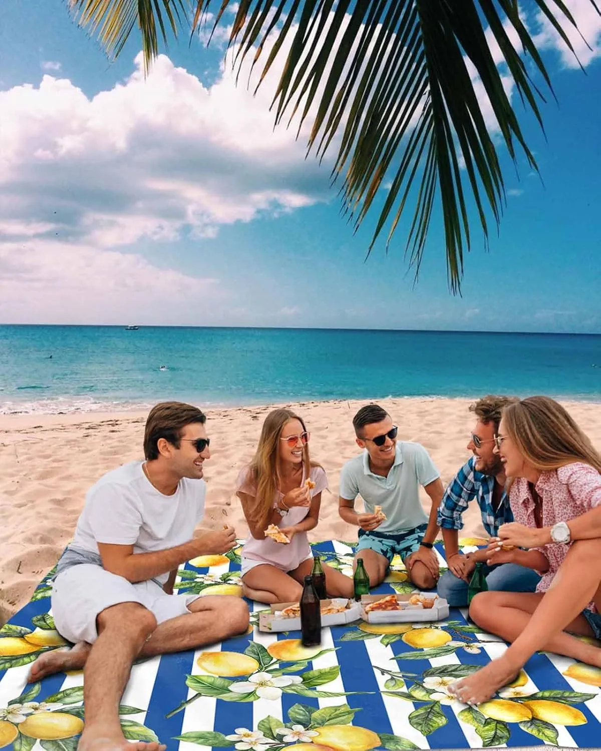 Lemon Beach Blanket Waterproof Sandproof 83"x79", Summer Blue Stripes Oversized Beach Mat with 4 Corner Sand Pocket & 4 Stakes, Compact Outdoor Picnic Mat for Camping Travel Festivals