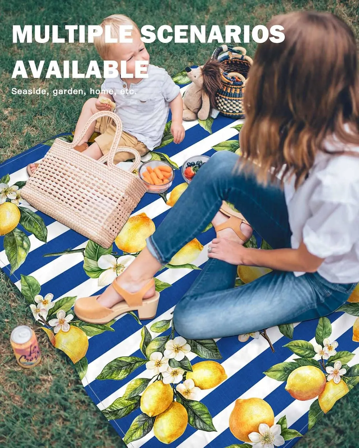 Lemon Beach Blanket Waterproof Sandproof 83"x79", Summer Blue Stripes Oversized Beach Mat with 4 Corner Sand Pocket & 4 Stakes, Compact Outdoor Picnic Mat for Camping Travel Festivals