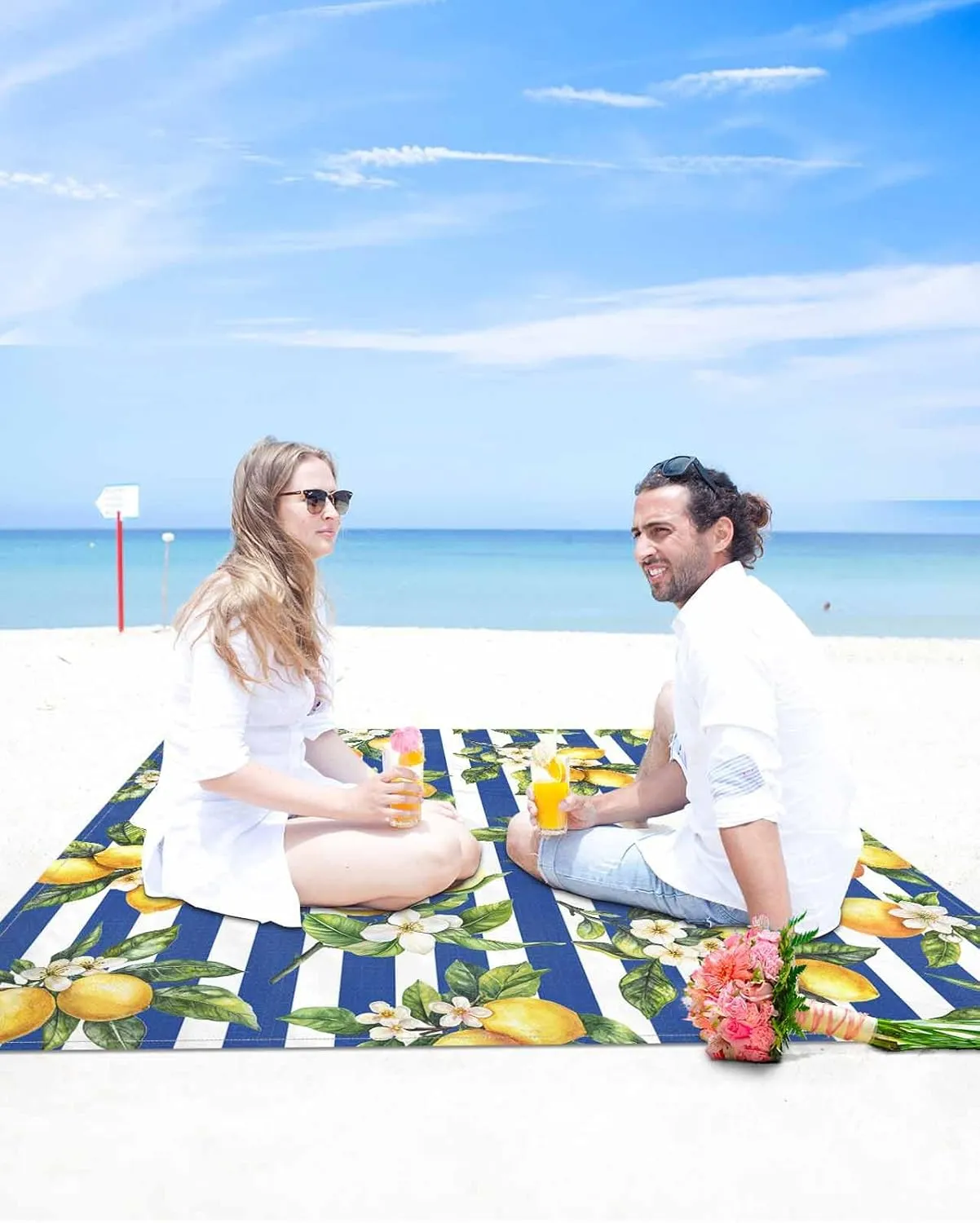 Lemon Beach Blanket Waterproof Sandproof 83"x79", Summer Blue Stripes Oversized Beach Mat with 4 Corner Sand Pocket & 4 Stakes, Compact Outdoor Picnic Mat for Camping Travel Festivals