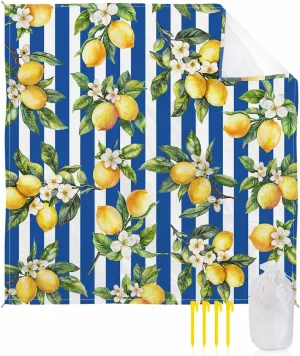 Lemon Beach Blanket Waterproof Sandproof 83"x79", Summer Blue Stripes Oversized Beach Mat with 4 Corner Sand Pocket & 4 Stakes, Compact Outdoor Picnic Mat for Camping Travel Festivals