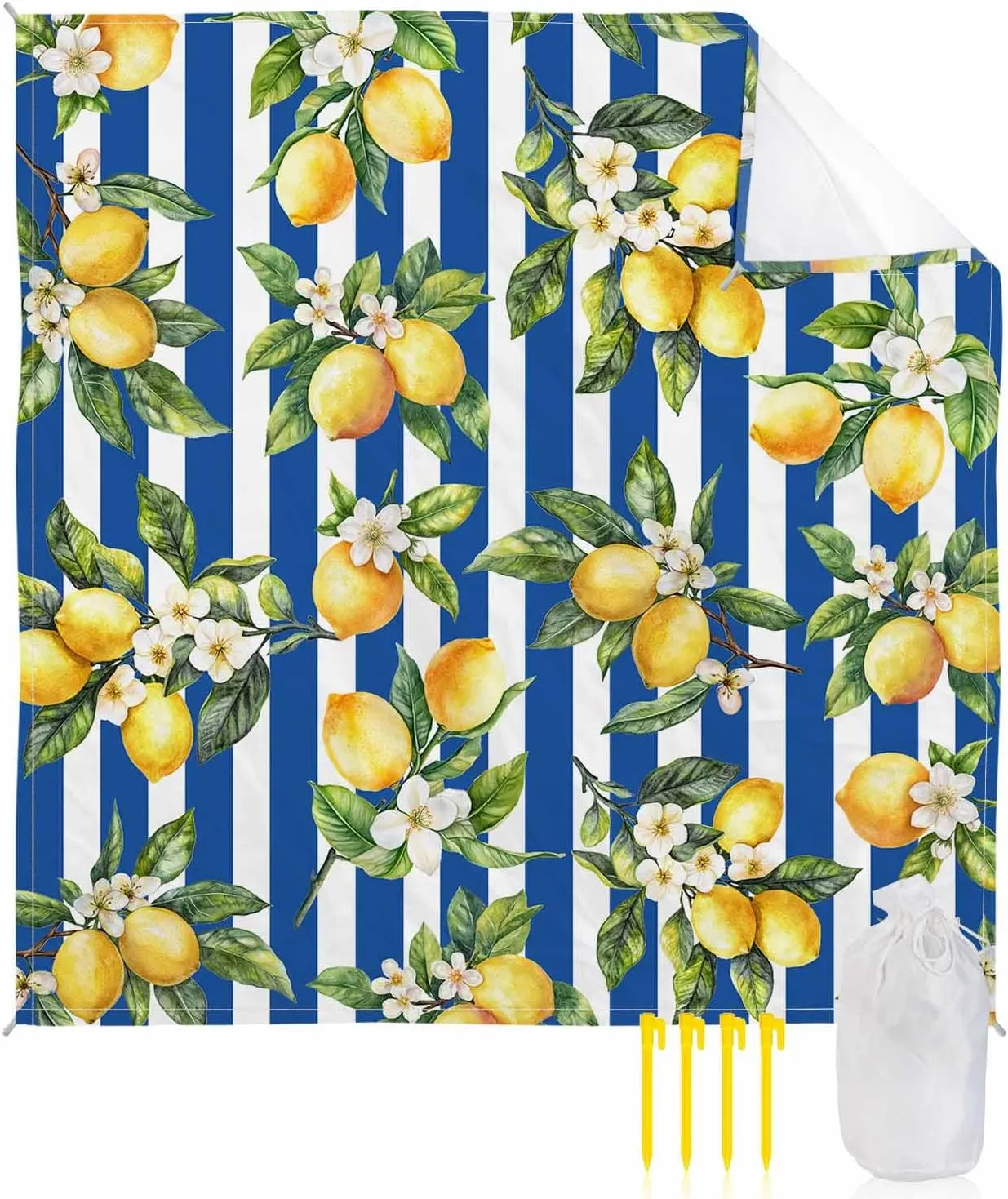 Lemon Beach Blanket Waterproof Sandproof 83"x79", Summer Blue Stripes Oversized Beach Mat with 4 Corner Sand Pocket & 4 Stakes, Compact Outdoor Picnic Mat for Camping Travel Festivals