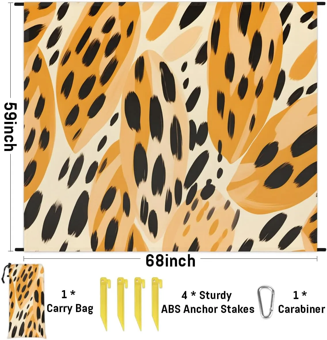 Leopard Beach Blanket, Sandproof Beach Mat, 68 x 59 Waterproof Quick Drying Sand Free Mat with 4 x Ground Spikes for Outdoor Travel Camping Hiking, Leopard Skin