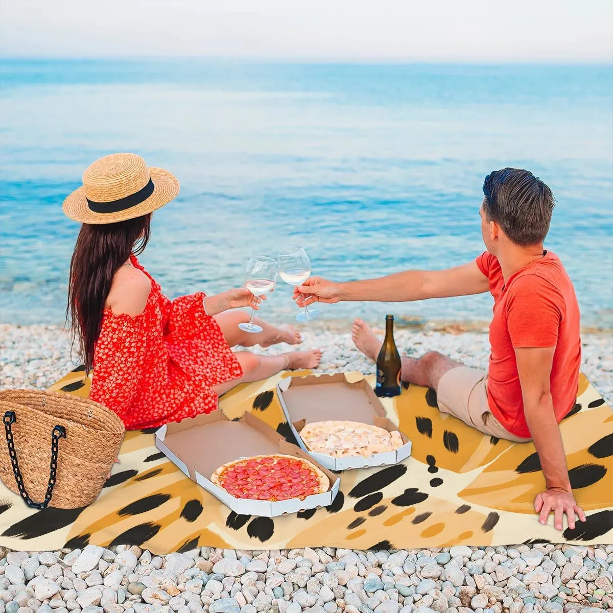 Leopard Beach Blanket, Sandproof Beach Mat, 68 x 59 Waterproof Quick Drying Sand Free Mat with 4 x Ground Spikes for Outdoor Travel Camping Hiking, Leopard Skin
