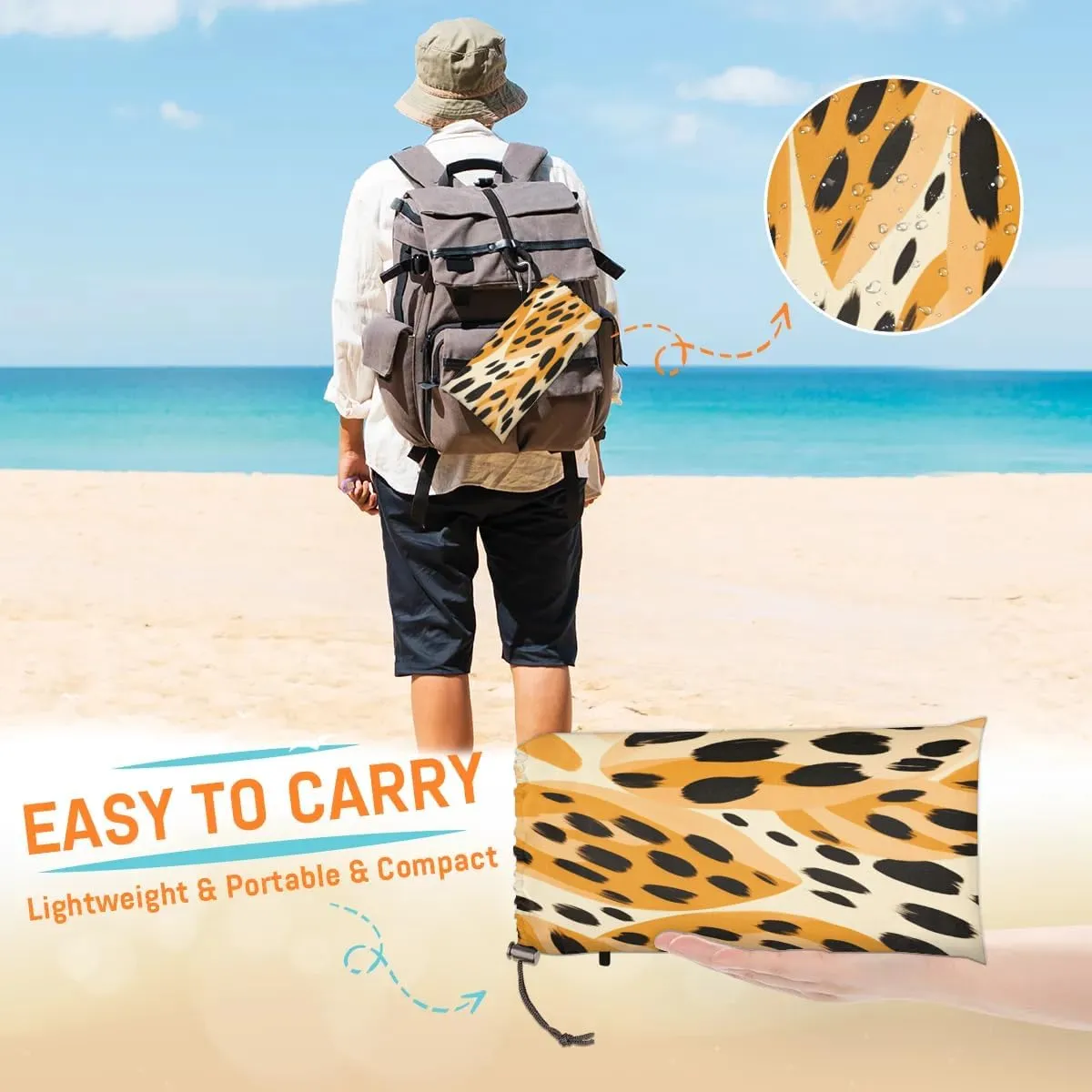 Leopard Beach Blanket, Sandproof Beach Mat, 68 x 59 Waterproof Quick Drying Sand Free Mat with 4 x Ground Spikes for Outdoor Travel Camping Hiking, Leopard Skin