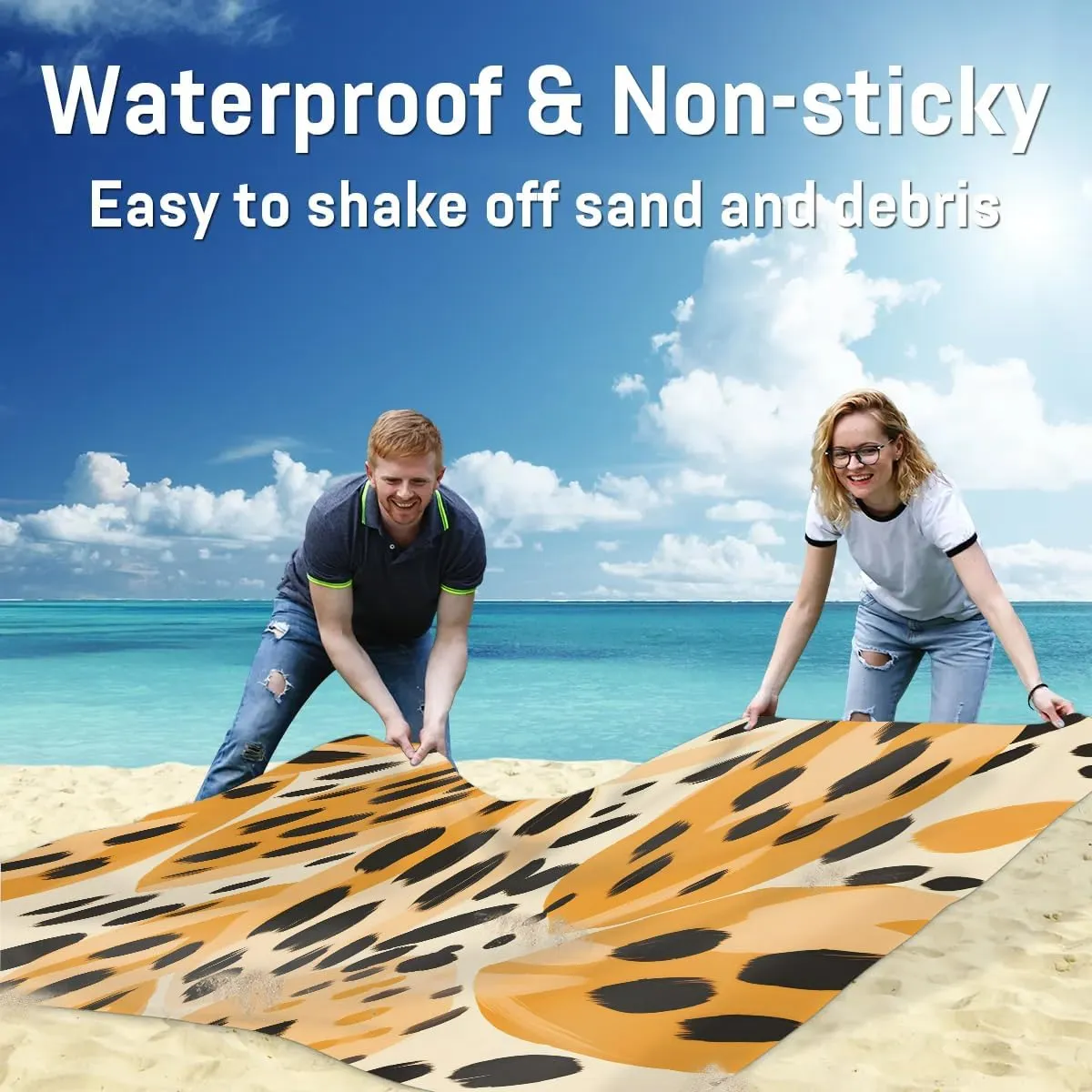Leopard Beach Blanket, Sandproof Beach Mat, 68 x 59 Waterproof Quick Drying Sand Free Mat with 4 x Ground Spikes for Outdoor Travel Camping Hiking, Leopard Skin