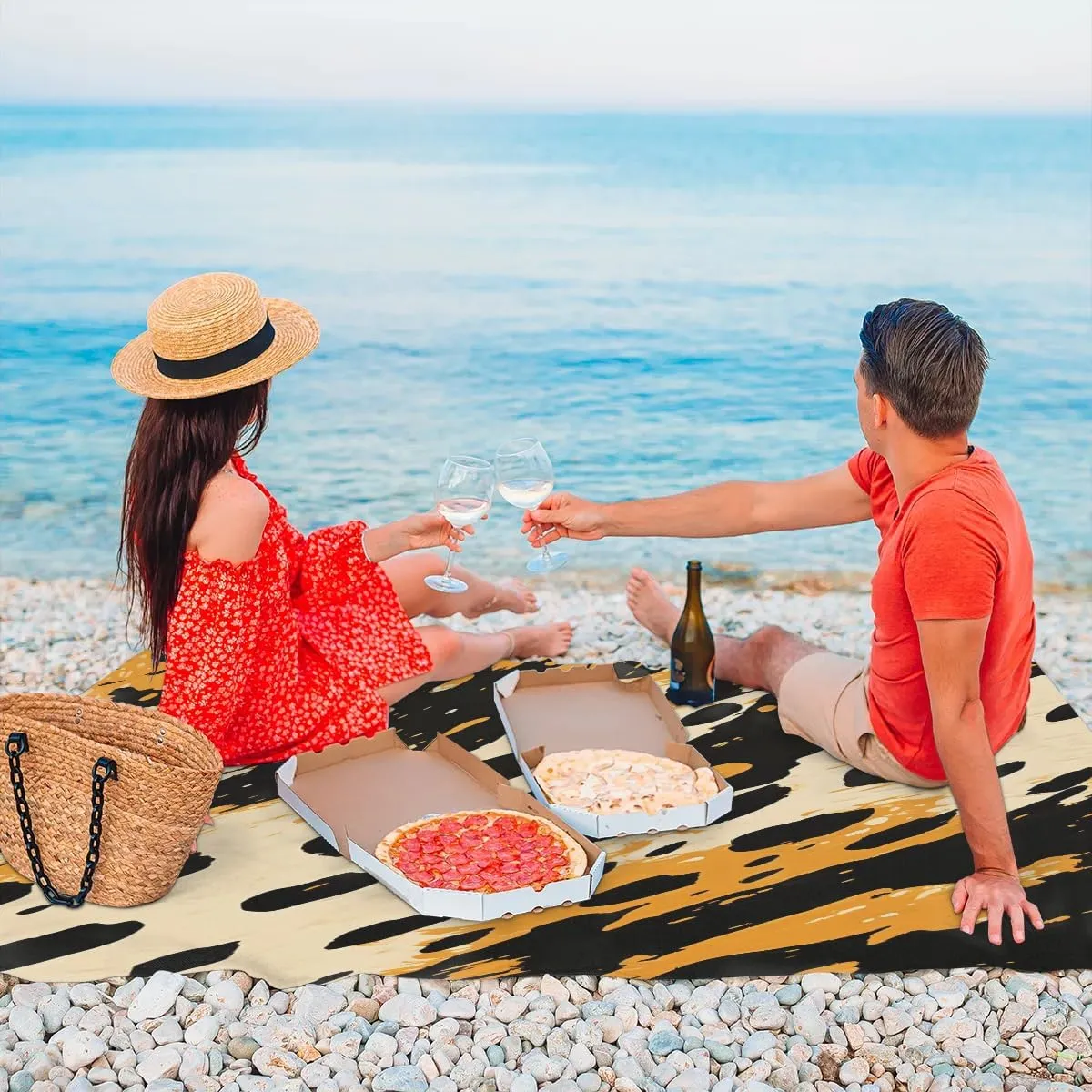 Leopard Print Beach Blanket, Sandproof Beach Mat, 68 x 59 Waterproof Quick Drying Sand Free Mat with 4 x Ground Spikes for Outdoor Travel Camping Hiking, Vintage Leopard