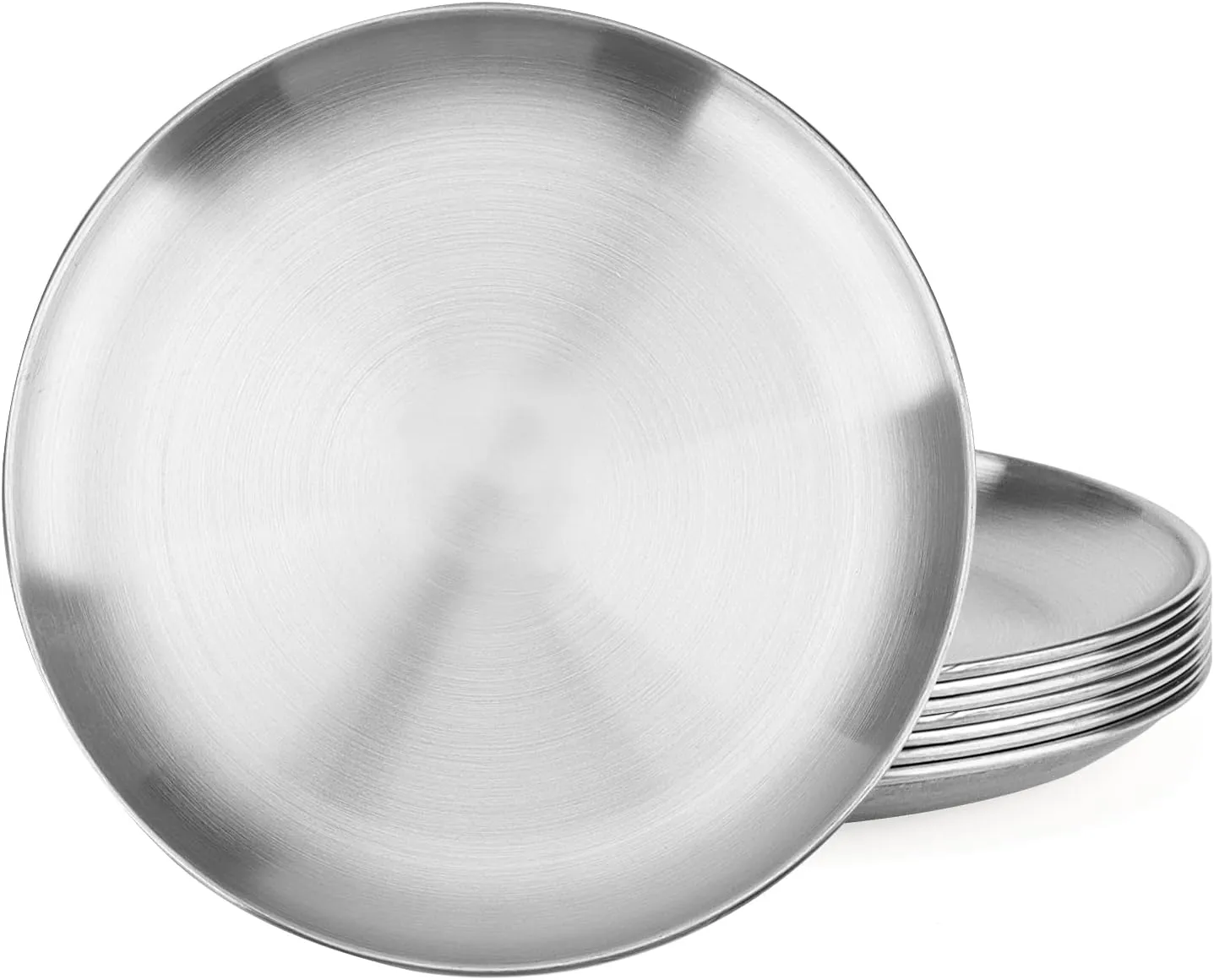 LEXININ 8 Pack 8 Inch Stainless Steel Dinner Plates, 20cm Round Metal Dinner Plates, Brushed Metal Camping Plate for Party, Picnic
