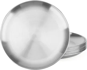 LEXININ 8 Pack 8 Inch Stainless Steel Dinner Plates, 20cm Round Metal Dinner Plates, Brushed Metal Camping Plate for Party, Picnic