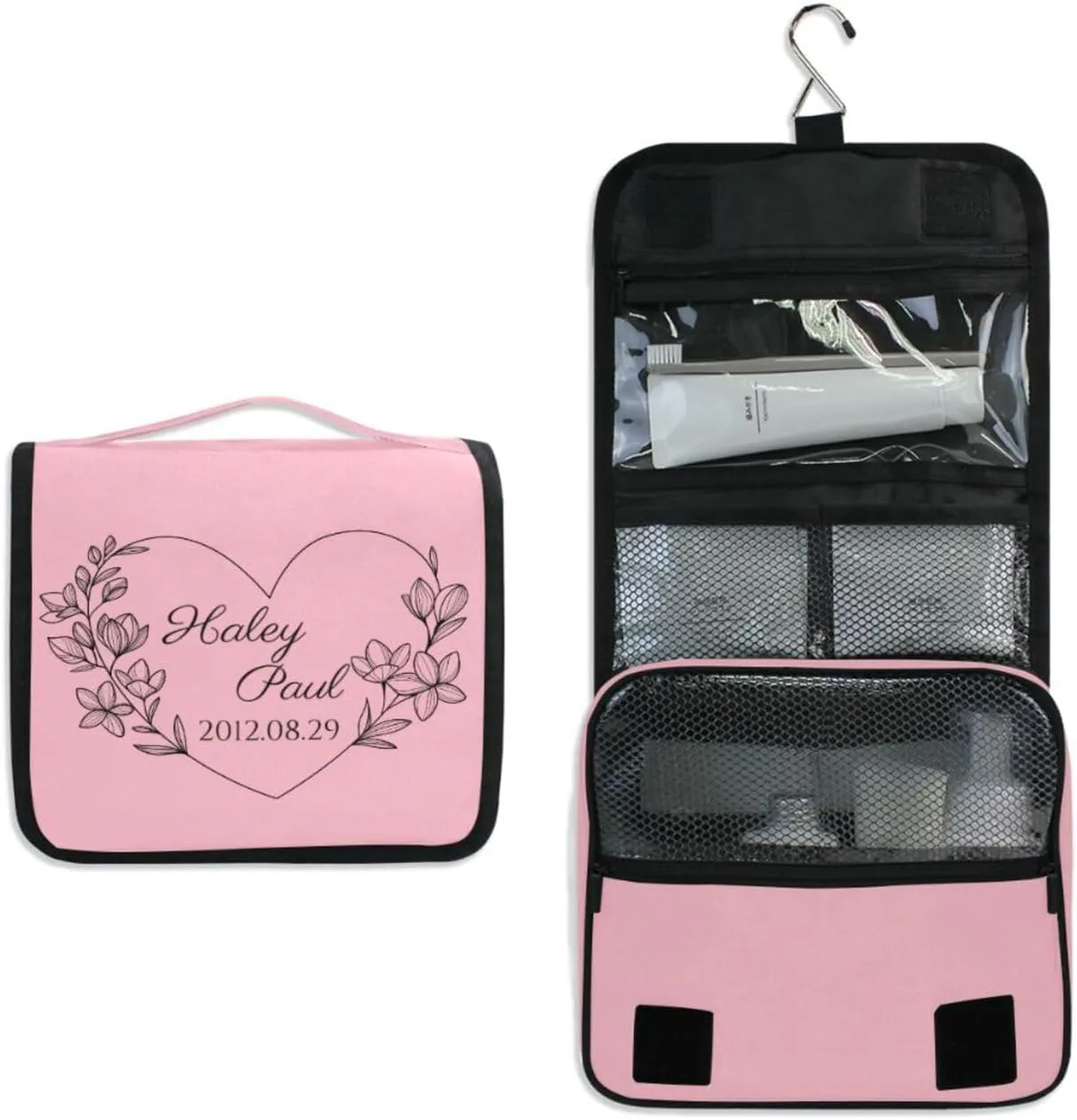 Light Pink Custom Toiletry Bag Personalized Name Makeup Cosmetic Bag Travel Toiletry Organizer Large Capacity Cosmetic Case for Brush Toiletries Shaving Storage
