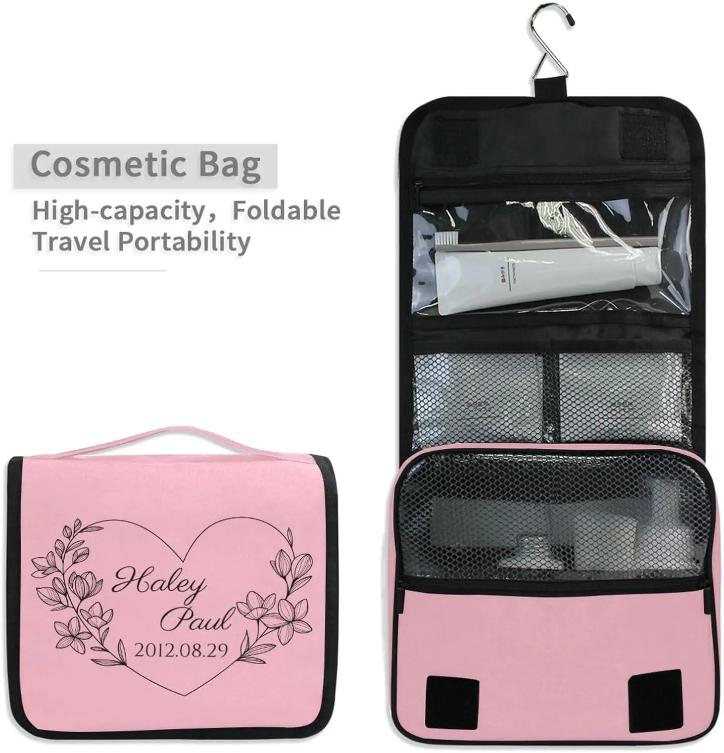 Light Pink Custom Toiletry Bag Personalized Name Makeup Cosmetic Bag Travel Toiletry Organizer Large Capacity Cosmetic Case for Brush Toiletries Shaving Storage