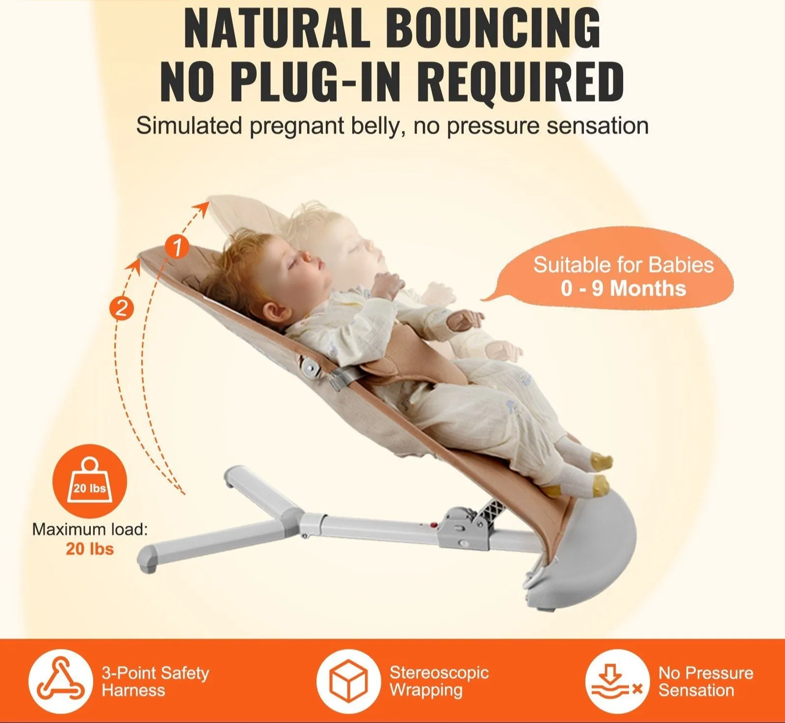 Lightweight & Portable Baby Bouncer with 2 Reclining Angles