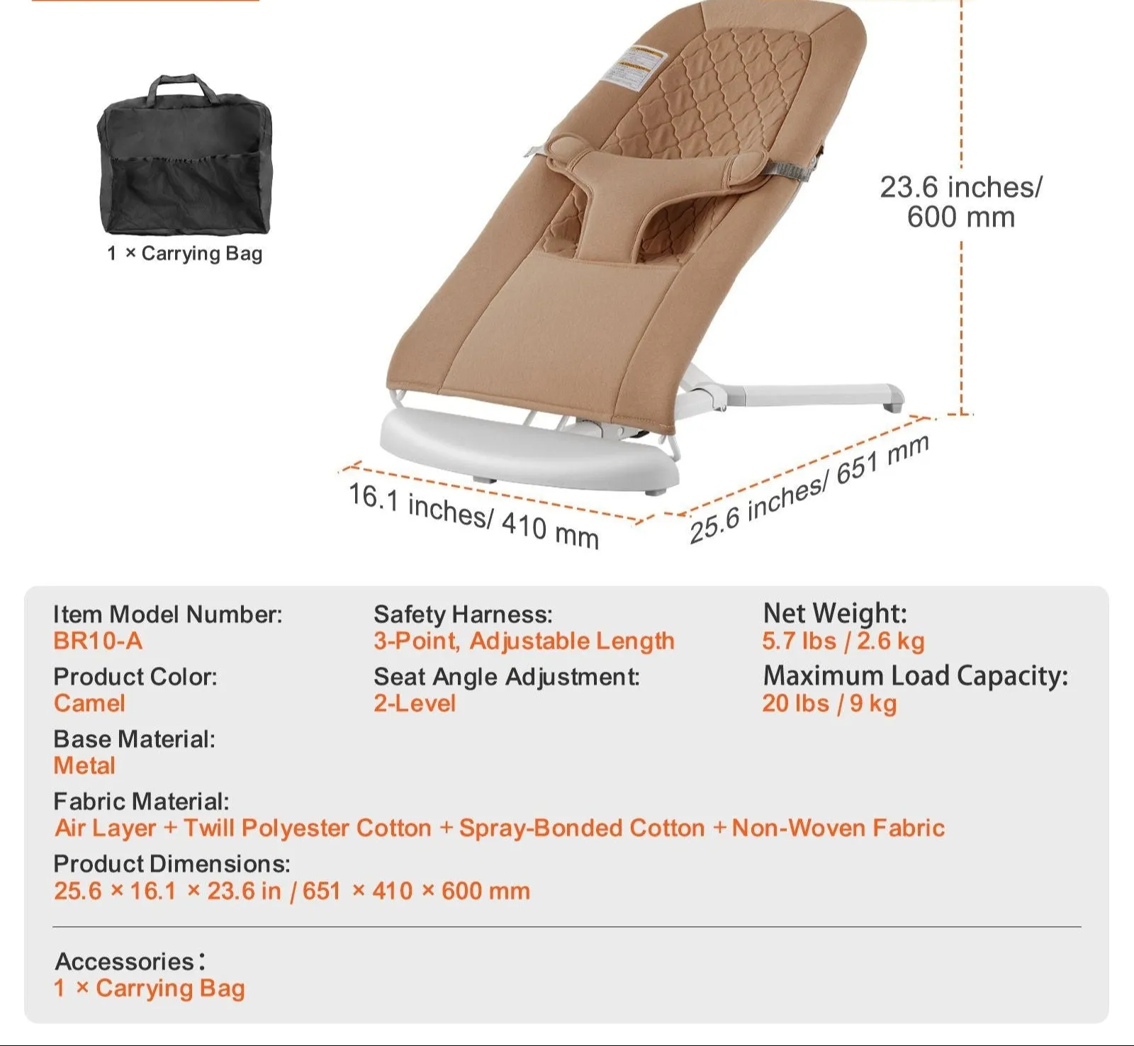 Lightweight & Portable Baby Bouncer with 2 Reclining Angles