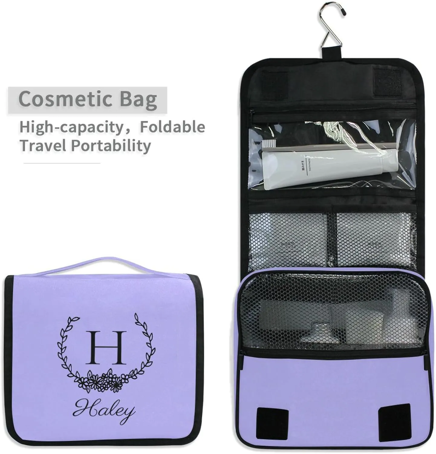 Lilac Custom Hanging Toiletry Bag Personalized Initial Name Makeup Cosmetic Bag Large Capacity Cosmetic Case Travel Toiletry Organizer for Brush Toiletries Shaving Storage