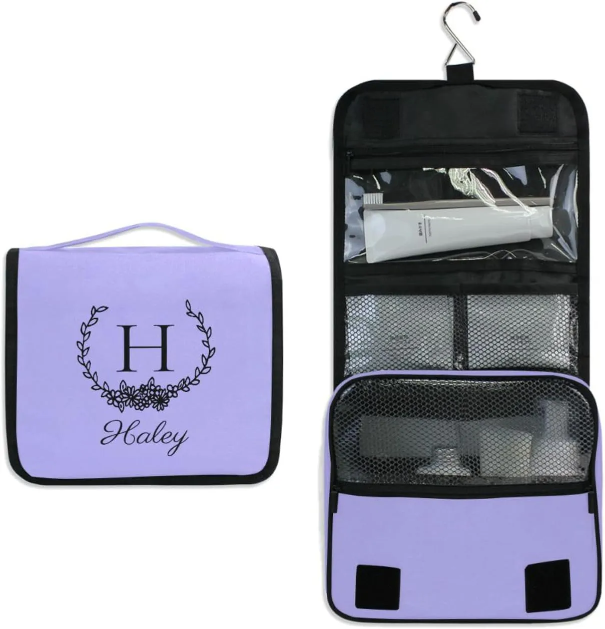 Lilac Custom Hanging Toiletry Bag Personalized Initial Name Makeup Cosmetic Bag Large Capacity Cosmetic Case Travel Toiletry Organizer for Brush Toiletries Shaving Storage
