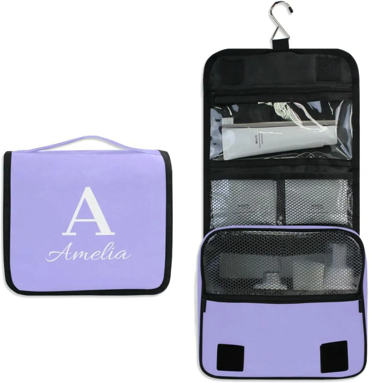 Lilac Custom Name Hanging Toiletry Bag Personalized Makeup Cosmetic Bag Large Capacity Cosmetic Case Travel Toiletry Organizer for Brush Toiletries Shaving Storage