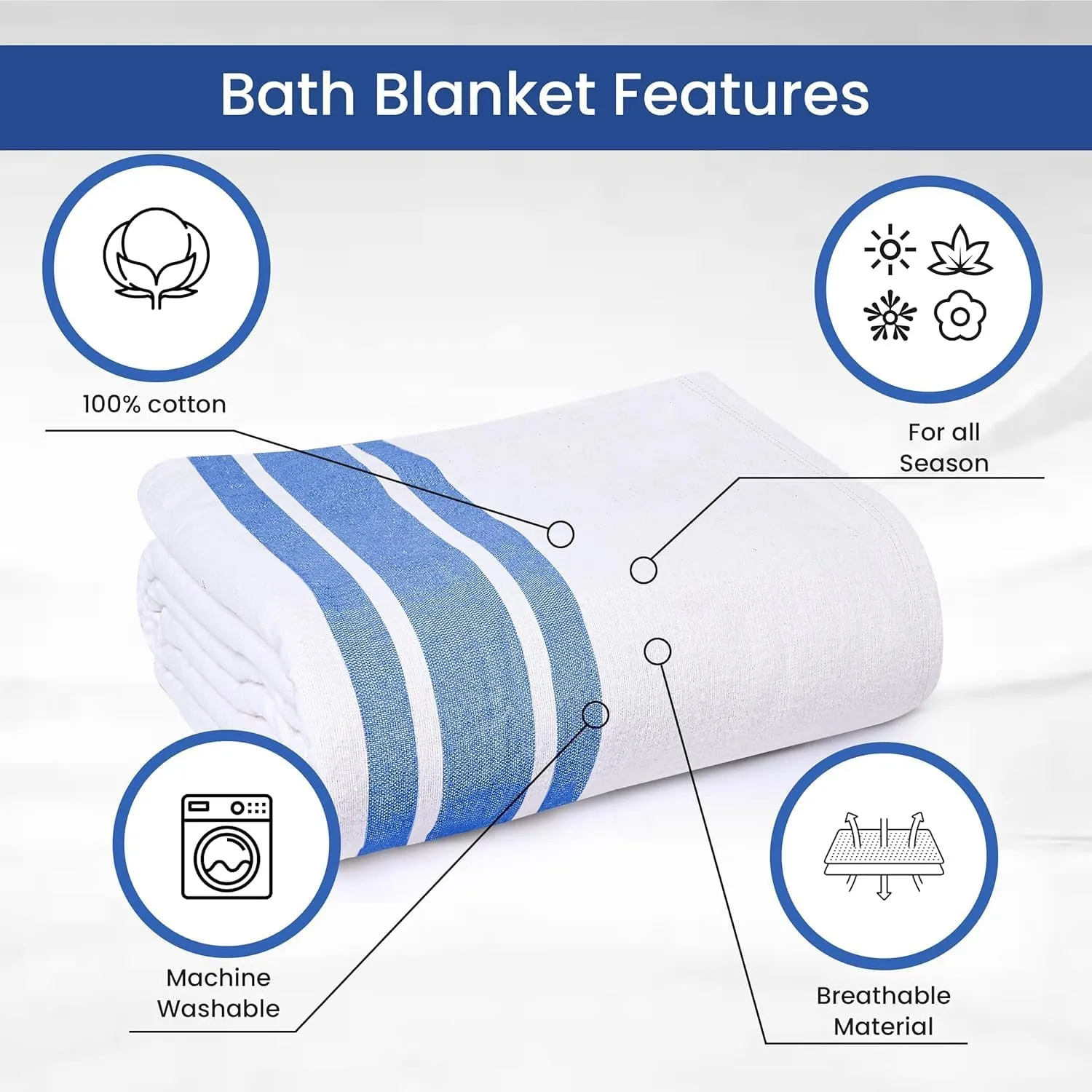 Linteum Textile Cotton Blended Hospital Patient Twin Bed Bath Sheet, Lightweight Sheet Blankets (12-Pack, 70x90 in, 1.75 lb.) White with Blue Stripes