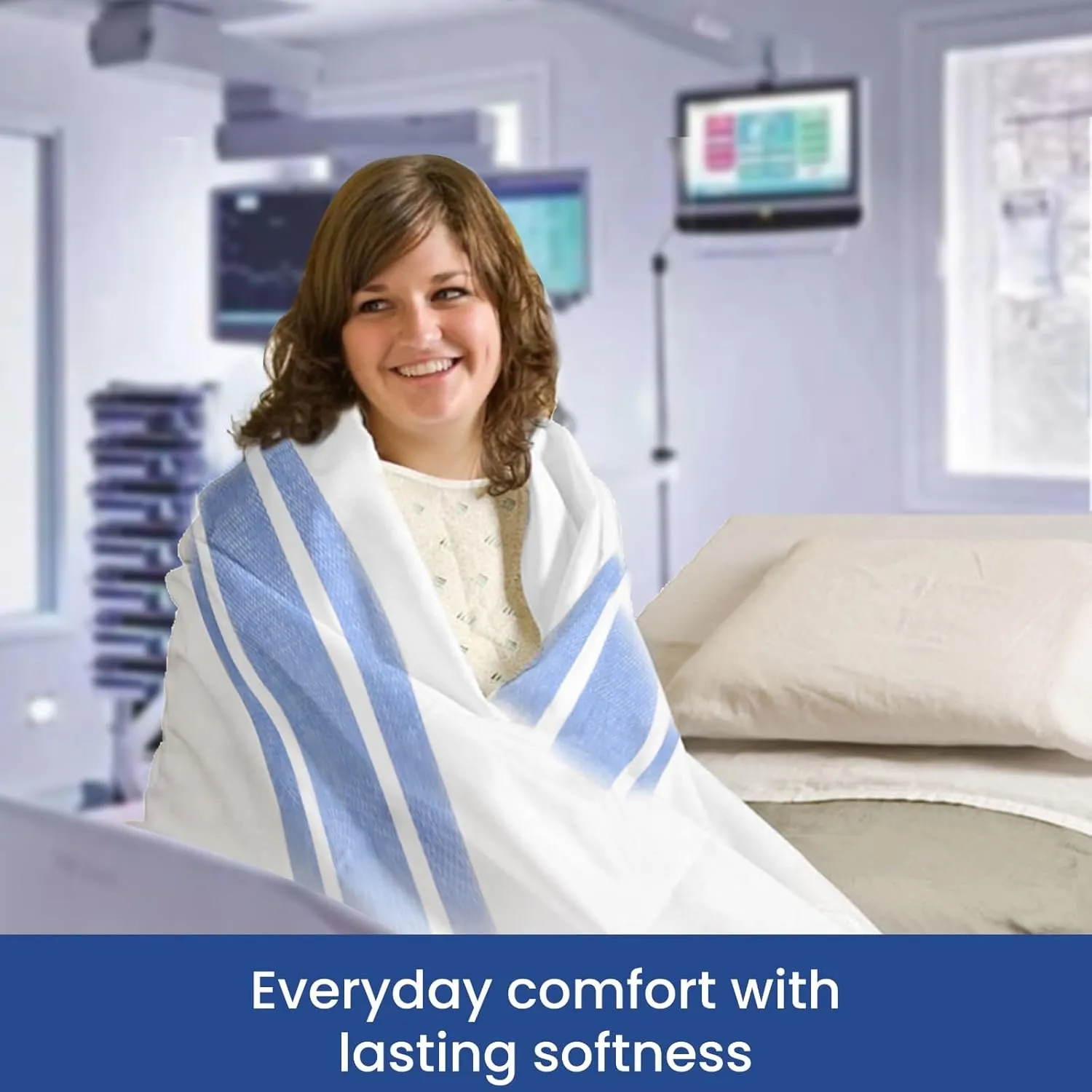 Linteum Textile Cotton Blended Hospital Patient Twin Bed Bath Sheet, Lightweight Sheet Blankets (12-Pack, 70x90 in, 1.75 lb.) White with Blue Stripes