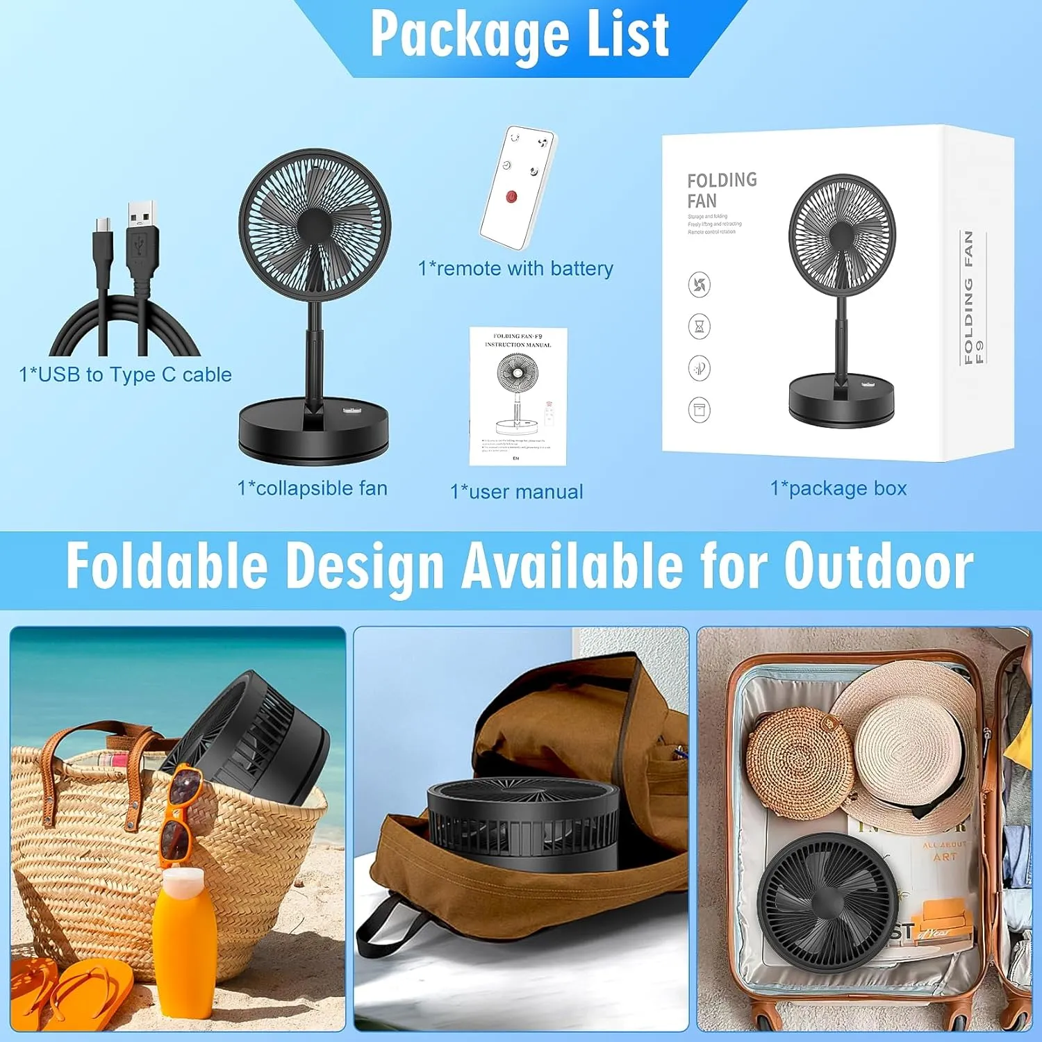 LIPETY Portable Foldable Rechargeable Oscillating Fan - 9" 7200mah Battery Operated USB C Small Fan Remote, Quiet Table Desk Fan Folding Standing Pedestal Fans for Bedroom Rome Office Camping Travel