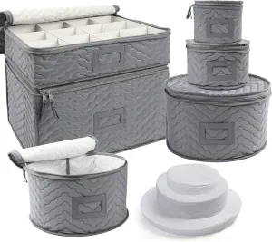 LotFancy China Storage Containers - Quilted 6-Piece Set Storage Box- Stores Chinaware, Stemware, Dinnerware, Dish Storage Service for 12, 48 Pcs Felt Protectors, Cardboard Dividers Included