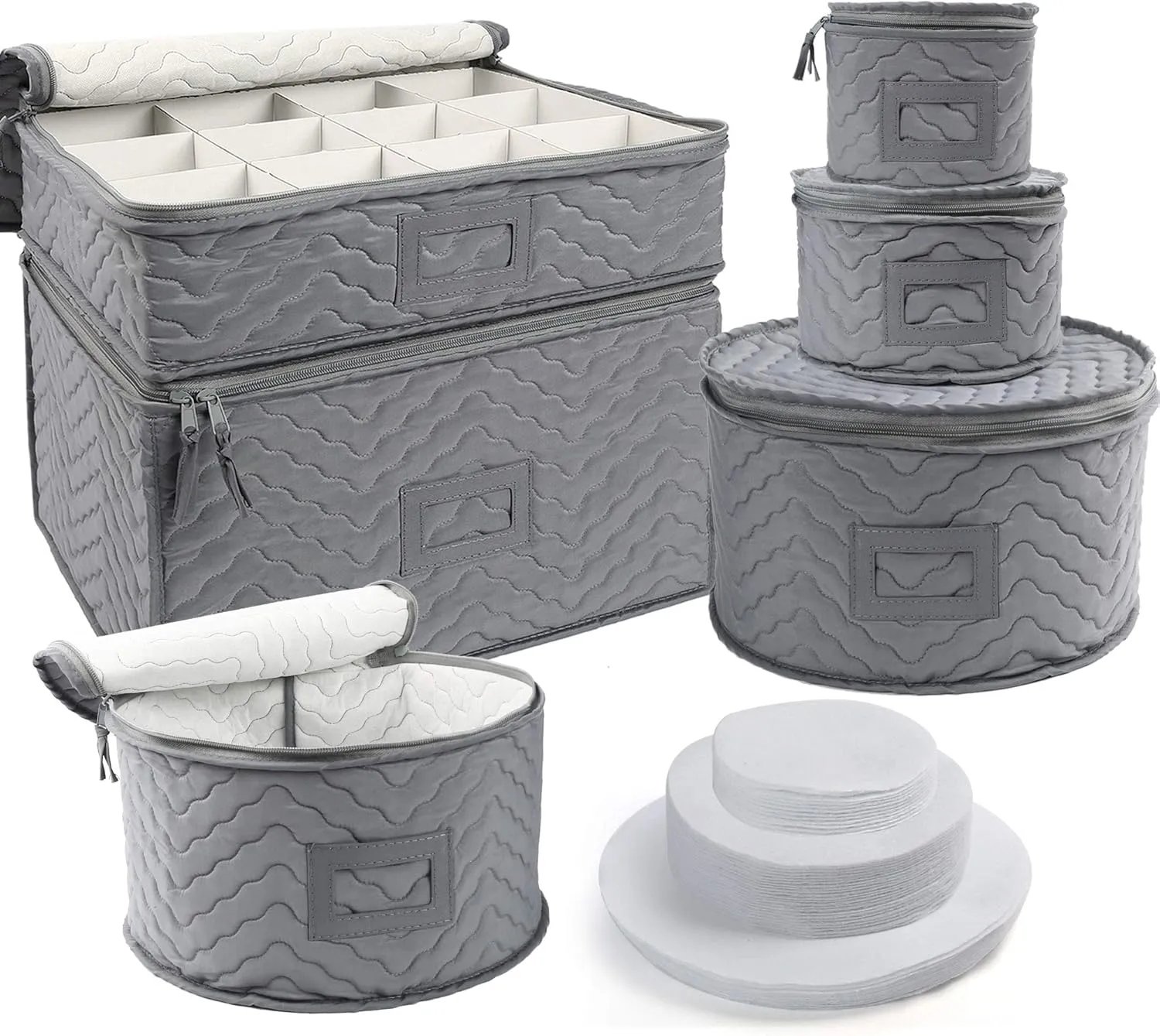 LotFancy China Storage Containers - Quilted 6-Piece Set Storage Box- Stores Chinaware, Stemware, Dinnerware, Dish Storage Service for 12, 48 Pcs Felt Protectors, Cardboard Dividers Included