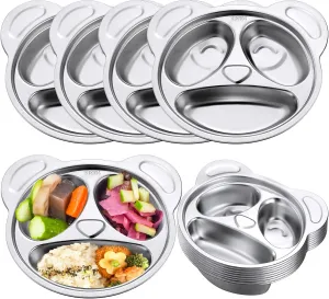 Lounsweer Set of 8 304 Stainless Steel Kids Plates 3 Sections Unbreakable Metal Cute Panda Shape Compartment Plates for Toddler Picky Eaters, Lunch, Camping