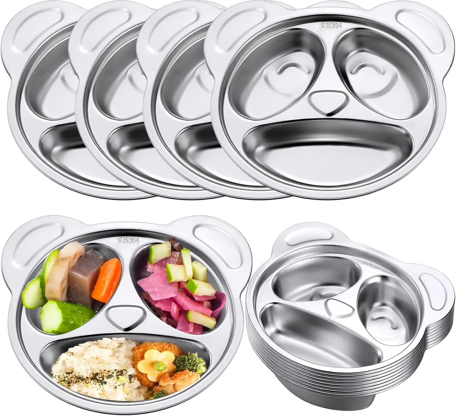 Lounsweer Set of 8 304 Stainless Steel Kids Plates 3 Sections Unbreakable Metal Cute Panda Shape Compartment Plates for Toddler Picky Eaters, Lunch, Camping