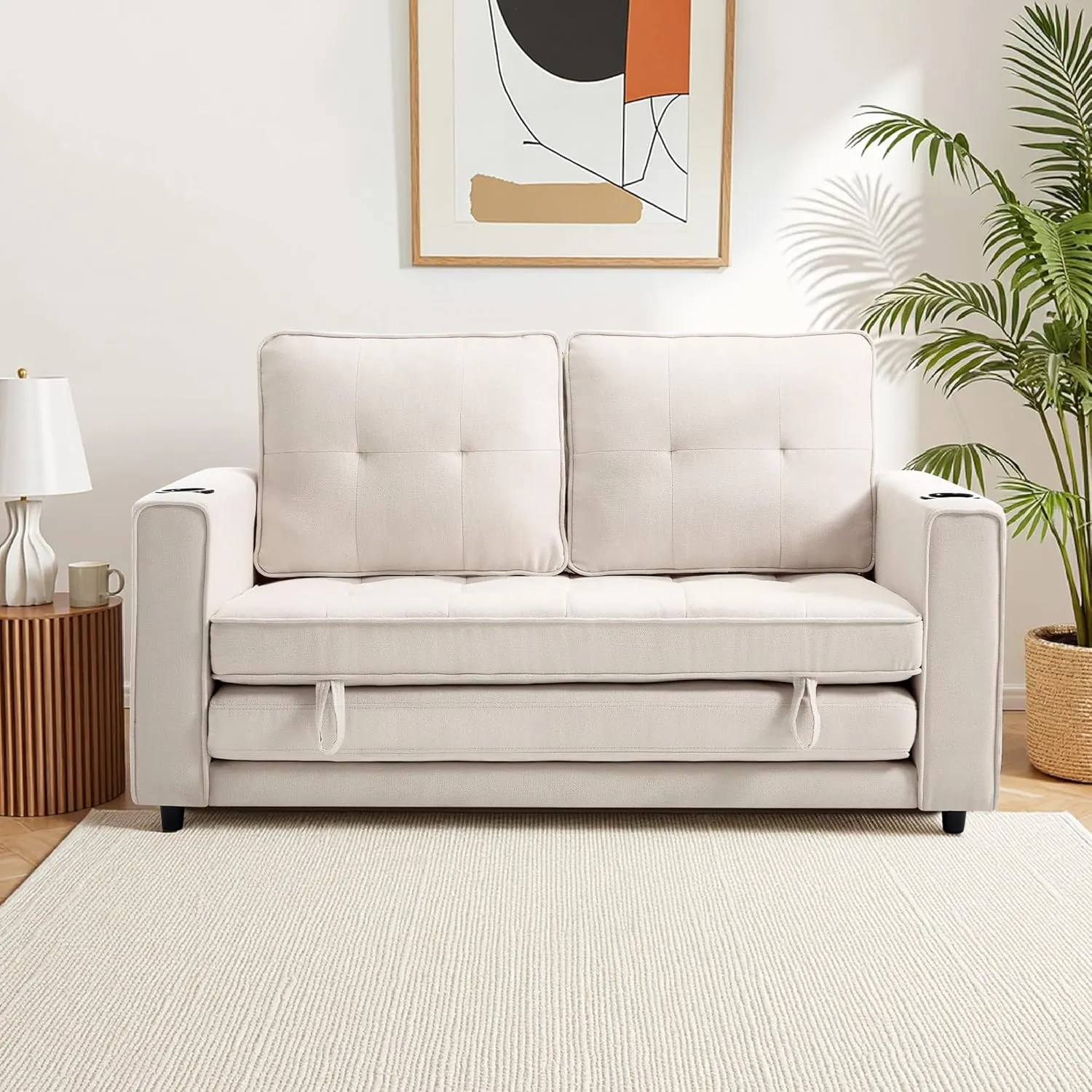 Loveseat Sleeper Sofa Bed for Living Room - Modern Comfy Convertible Futon Couches- Folding Couch Bed for Small Spaces - Foldable Floor Gaming Sofa Bed - Beige