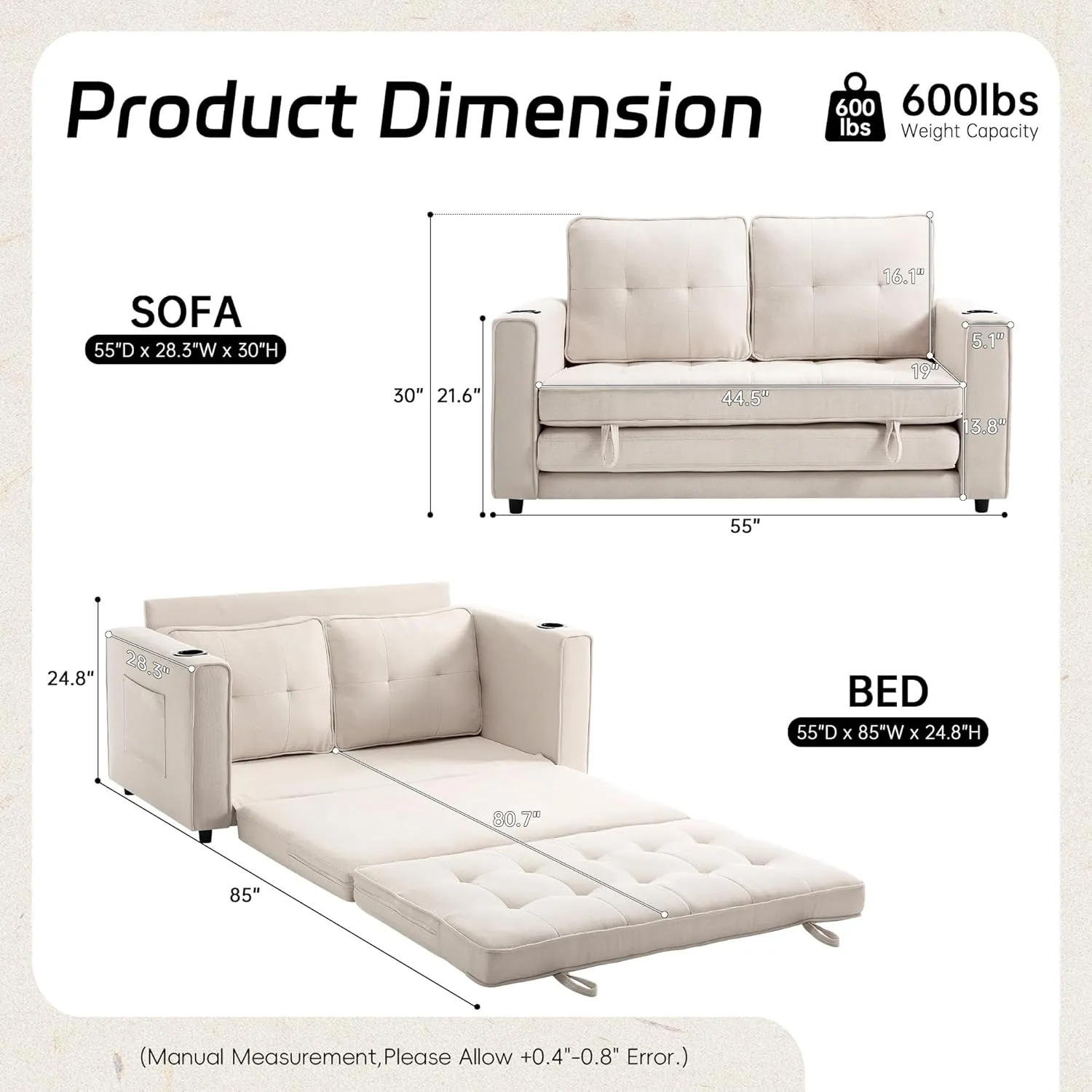 Loveseat Sleeper Sofa Bed for Living Room - Modern Comfy Convertible Futon Couches- Folding Couch Bed for Small Spaces - Foldable Floor Gaming Sofa Bed - Beige