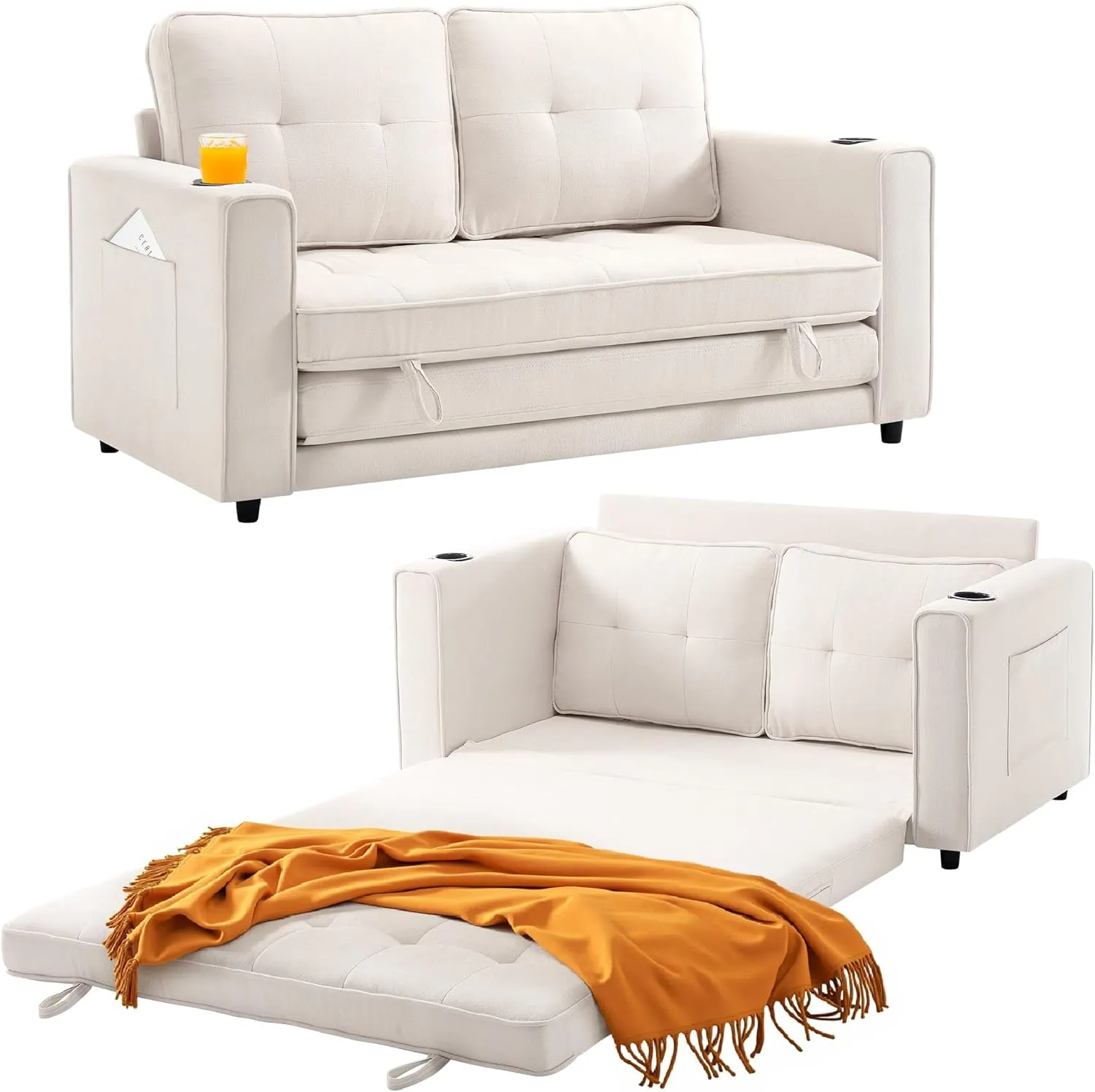 Loveseat Sleeper Sofa Bed for Living Room - Modern Comfy Convertible Futon Couches- Folding Couch Bed for Small Spaces - Foldable Floor Gaming Sofa Bed - Beige