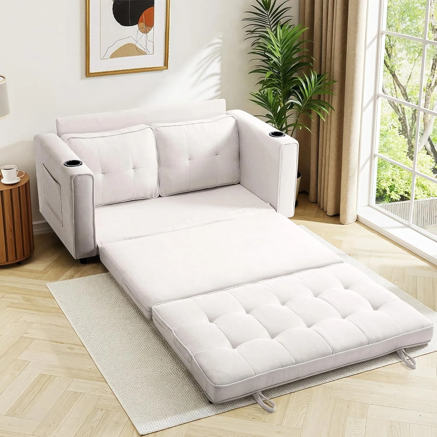 Loveseat Sleeper Sofa Bed for Living Room - Modern Comfy Convertible Futon Couches- Folding Couch Bed for Small Spaces - Foldable Floor Gaming Sofa Bed - Beige